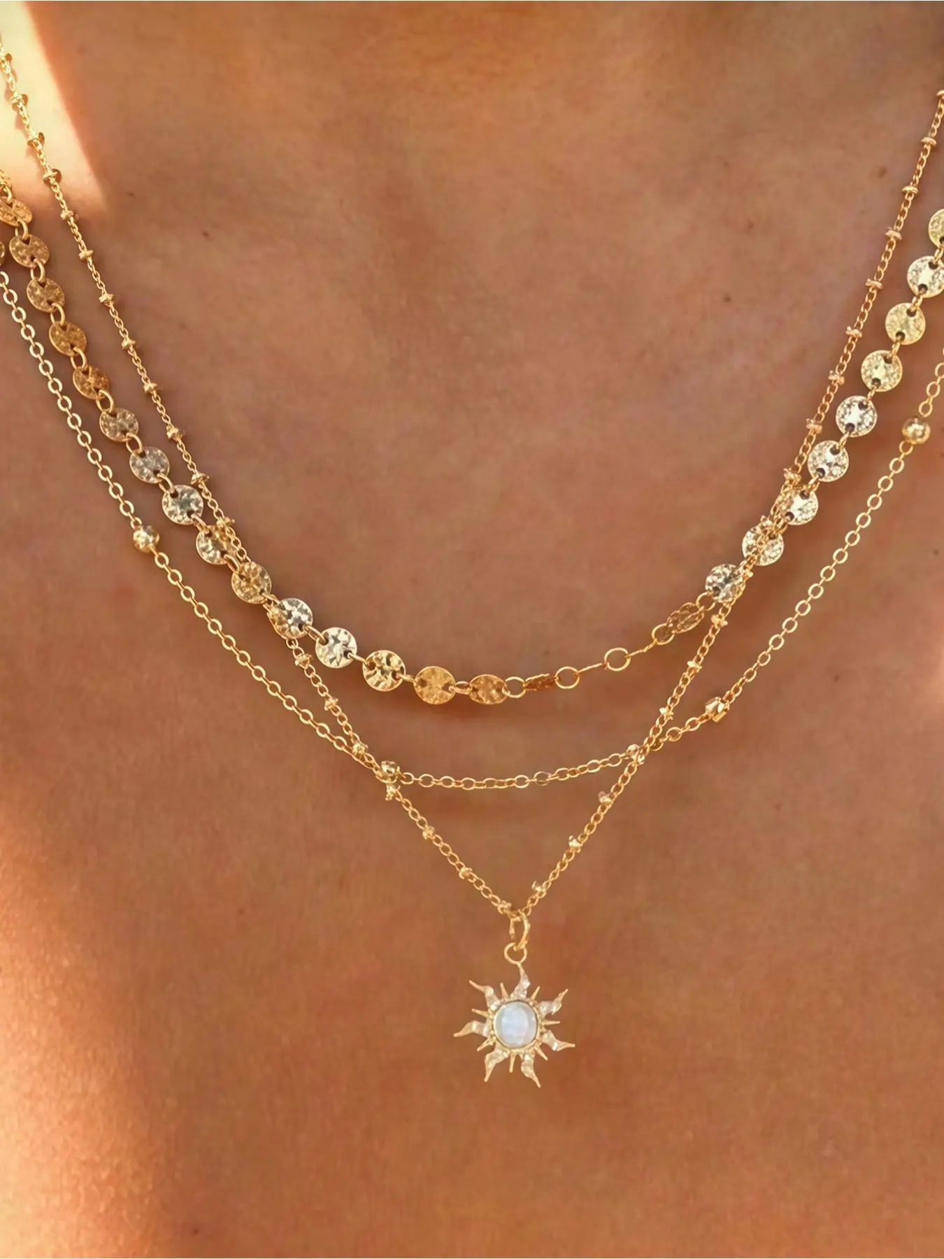 3 pieces/set of exquisite sun pendant necklaces with discs and bead chains, multi-layer wearable women's daily fashion jewelry, Costume Jewelry Necklace, Elegant Necklace