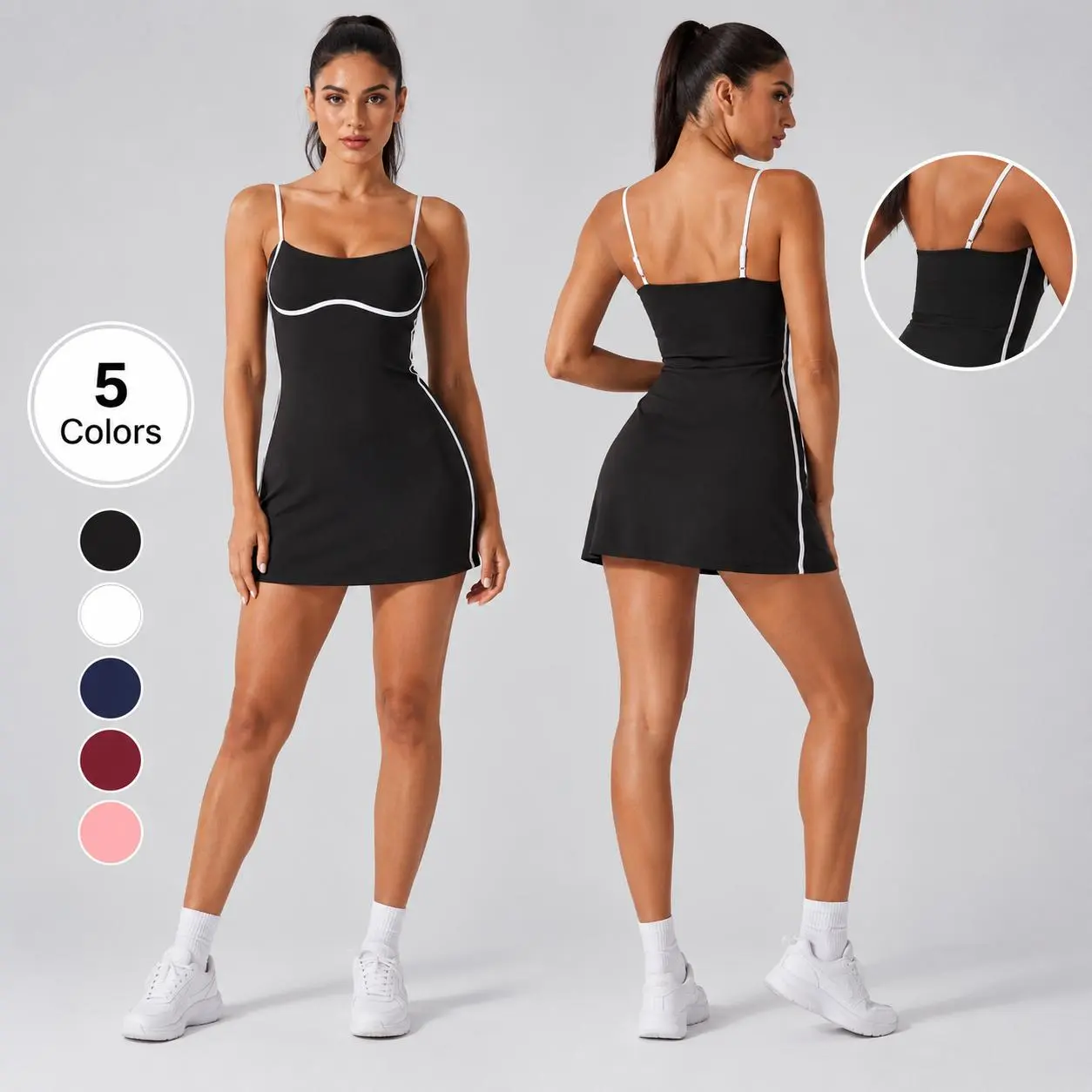 Women's Sleeveless Square Neck Spandex Nylon Athletic Dress with Built-in Bra and Shorts with Pockets for Tennis & Golf, Slim Fit