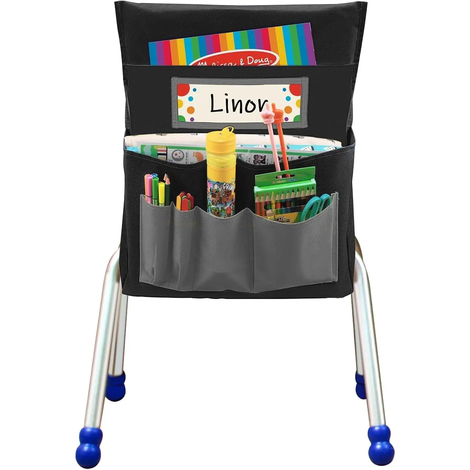 Chair Pockets for Classrooms, 15.7" × 18.9" – 6 Pockets Chairback Storage Organizer with Name Tag Window, Student Desk & Seat- Management​ for Books, Folders & School Supplies, Black