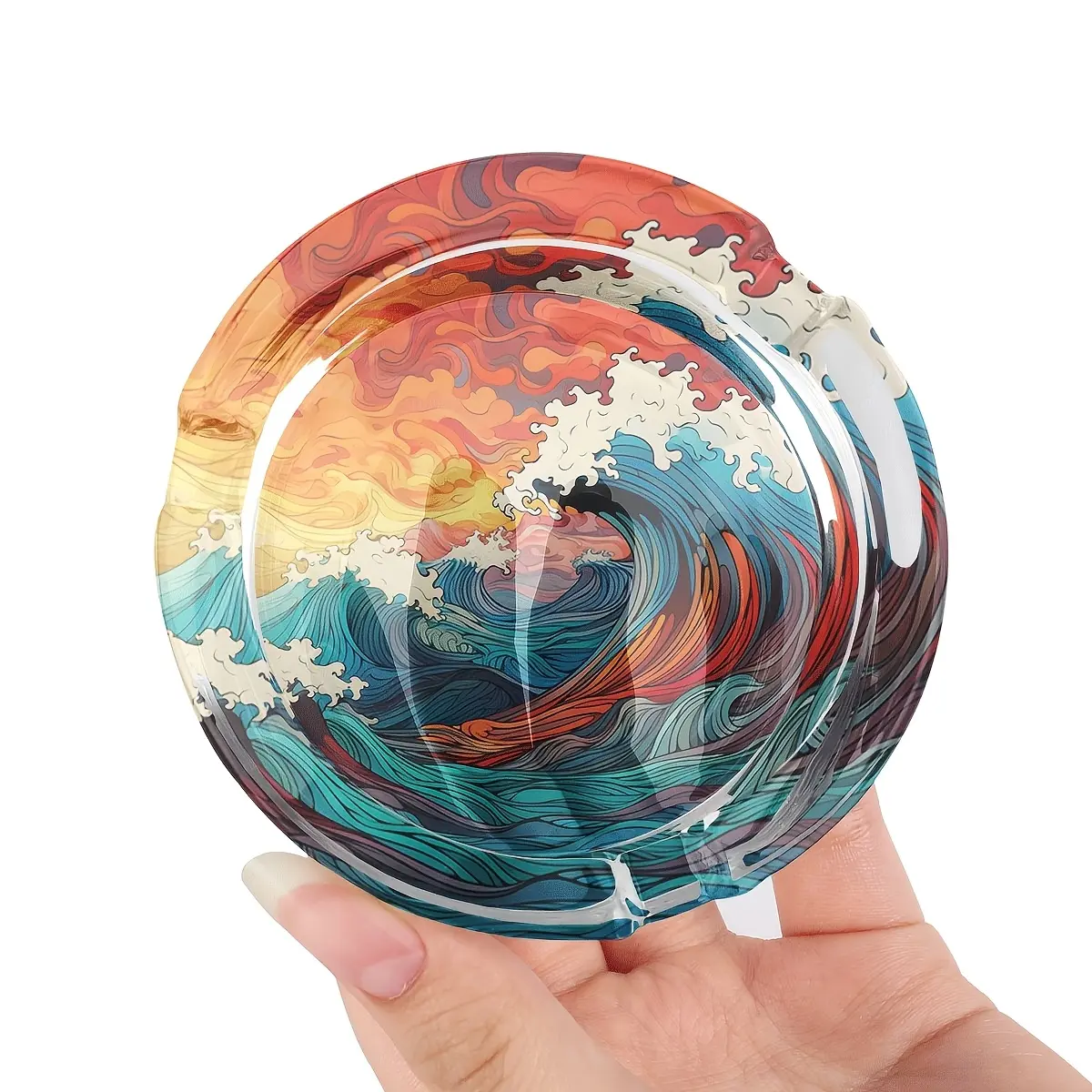 1 round glass ashtray with anti slip bottom pad, decorated with vivid artistic wave patterns, suitable for homes, offices, and terraces - a fashionable and practical ashtray designed for wave enthusiasts and decorative art fans