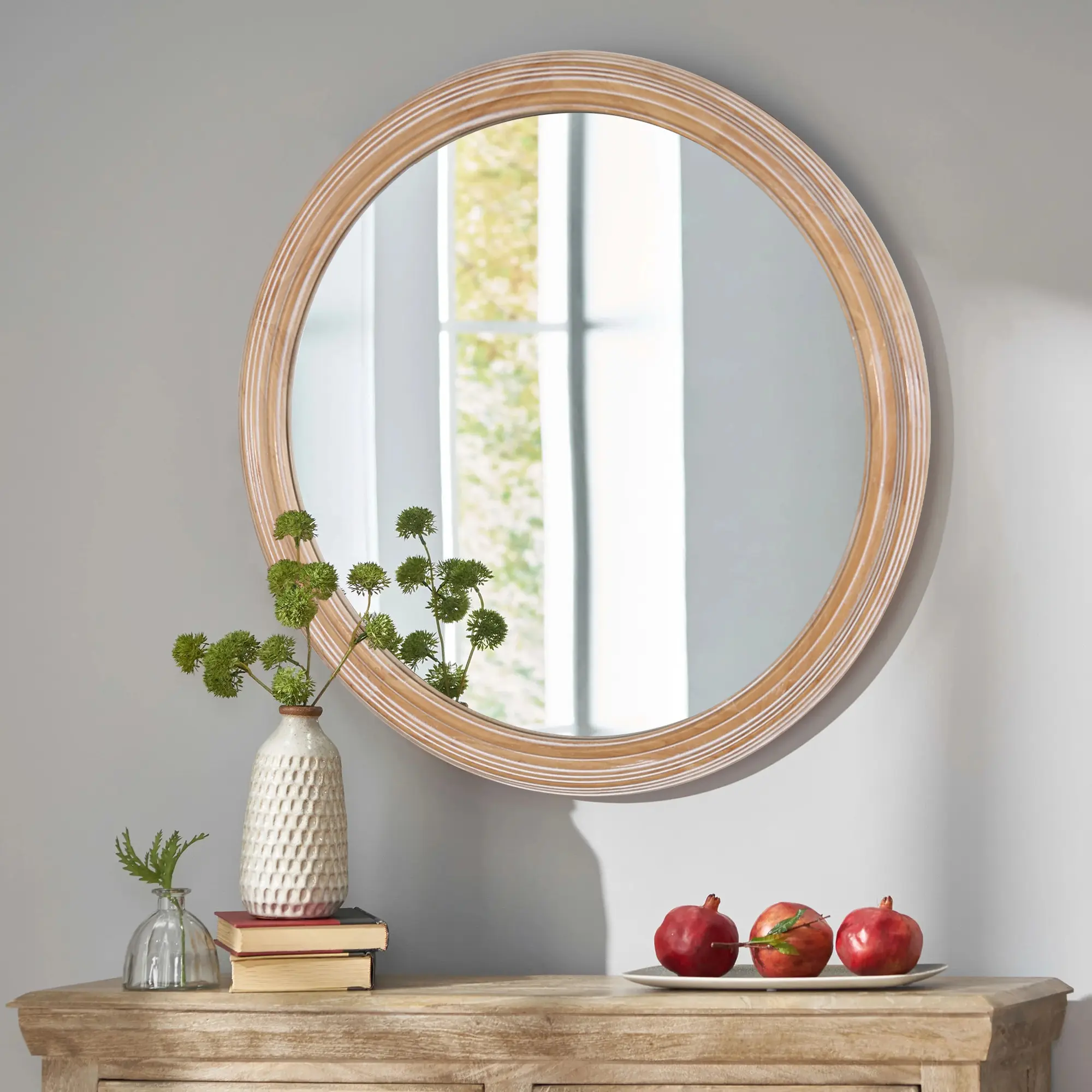 ARCH 35.43 Inch Round Wall Mirror, Distressed Wooden Farmhouse Circle Mirror, Antique Natural Rustic Vanity Mirror for Bathroom, Bedroom, Entryway, Living Room, Office, Metal & Synthetic Wood Frame, Easy Mount Decorative Hanging Mirror