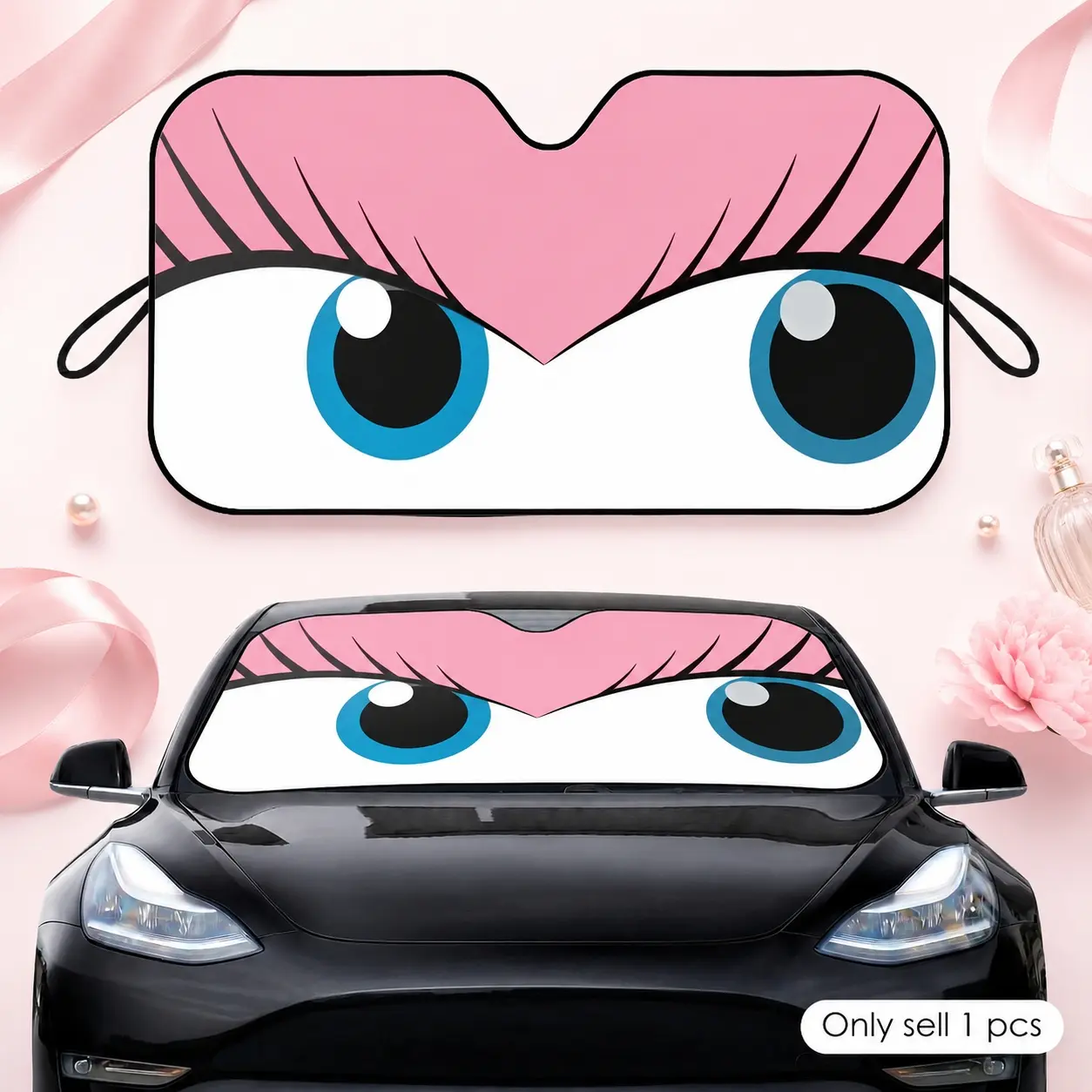 Cute Pink Pop Art Blue Eye Sun Visor Car Windshield Sun Shade UV Protection Heat Insulation Reflective Cover, Keeps Interior Cool, Protects Dashboard, Foldable Easy Storage, Universal Fit for Cars SUVs Trucks, Summer Auto Accessory for Daily Driving