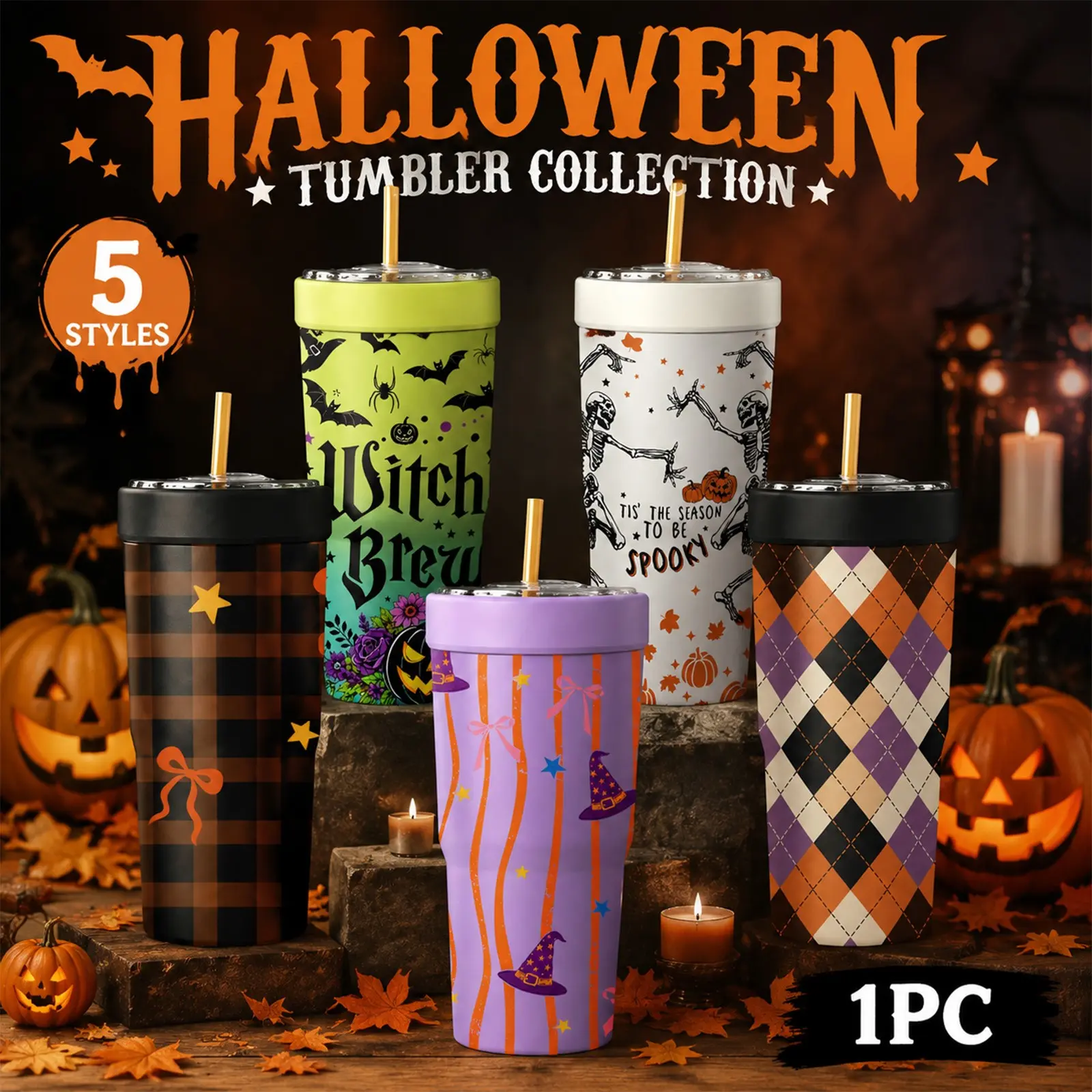 1 Pc 32oz Witch's Brew Halloween Pumpkin Print 2-in-1 Insulated Leakproof Can Cooler, Includes Tumbler Lid, Converts into a 32oz Travel Tumbler, Fits Most 16-24oz To-Go Coffee & Bubble Tea Cups, No Sweat, Perfect Halloween Gift, Christmas Gift & Daily Use