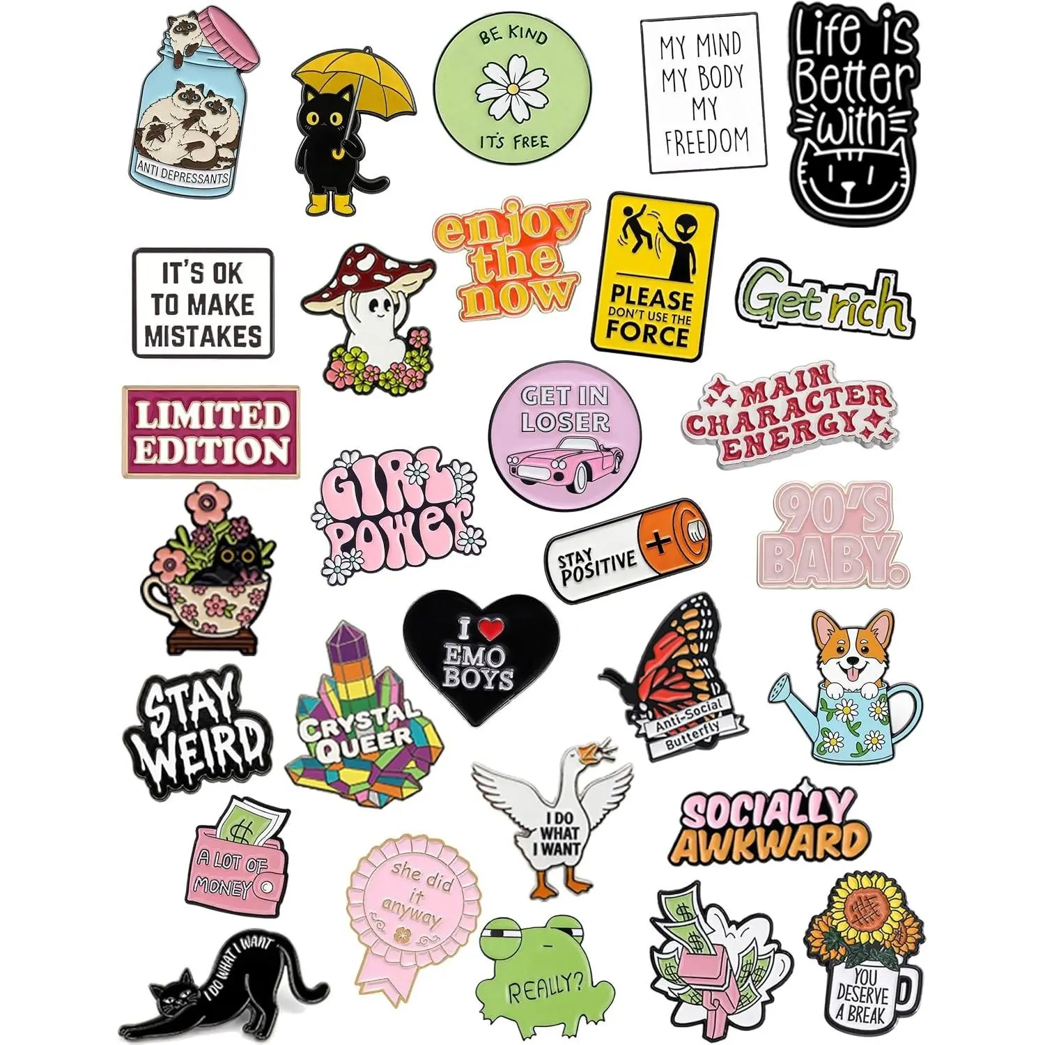 30 PCS Positive Cute Enamel Pins Bulk Aesthetic Hat Pins for Backpacks, Funny Brooch Lapel Pin Set for Women Bags, Lanyards, ShoesGift