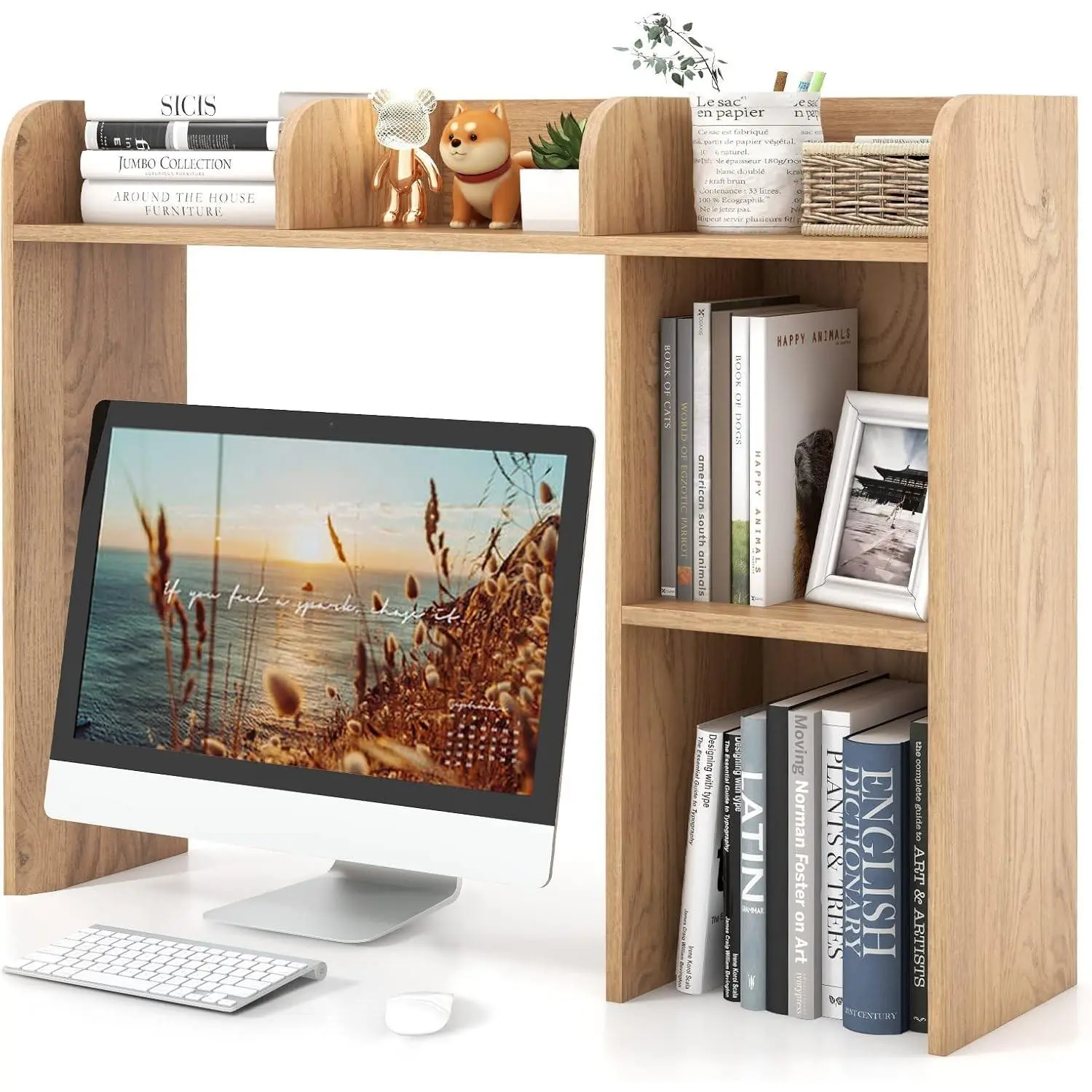 Desktop Bookshelf, Countertop Storage Hutch with 5 Shelves for Computer Desk, 3-Tier Display Rack, Multipurpose Wood Storage Organizer for Dorm Office Home