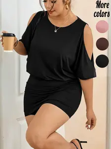 【Plus‑Size】1 Piece Cold‑Shoulder Short Sleeve Ruched Two‑Piece Bodycon Mini Dress, Casual Sexy Y2K Streetwear Style, Soft Draped Fabric & Figure‑Flattering High‑Waist Ruched Skirt, For Curvy Women, Perfect for Brunch Dates, Daily Styling & Urban Nightlife