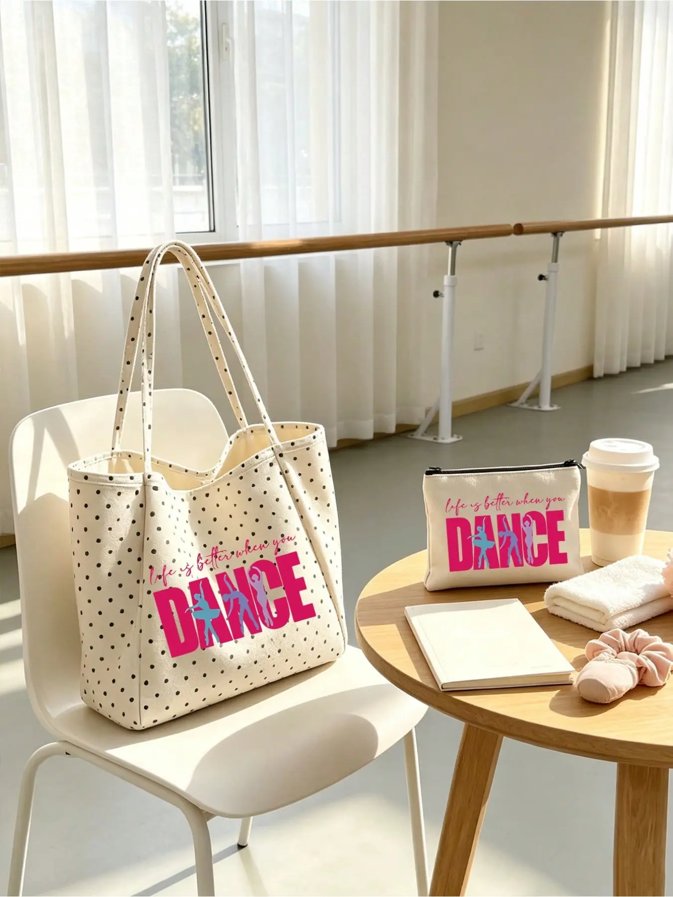 Elegant Dance Bag with Ballet Dot Pattern Tote and Matching Small Bag, Suitable for Ballet, Yoga, Sports, Travel, Women's Casual Shoulder Bag, Foldable Tote for Dance Lovers, Students, Teachers, Summer and Back-To-School Gift, Versatile Beach, Book, and U