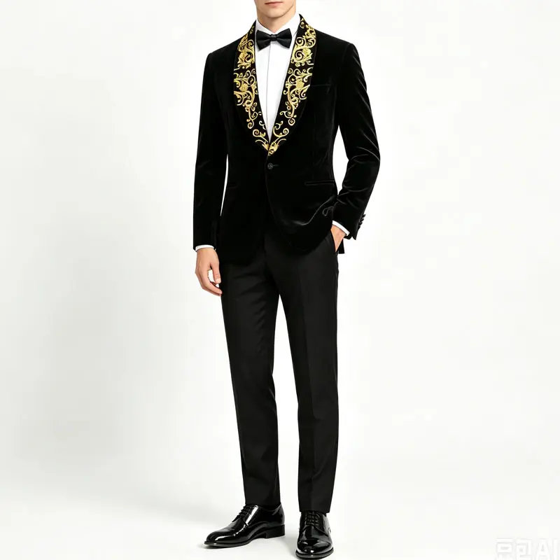 Men's Fitted V-Neck Velvet Fabric Blazer - Gold Embroidered Button Suit Jacket, Black Wedding Wear for Party Prom