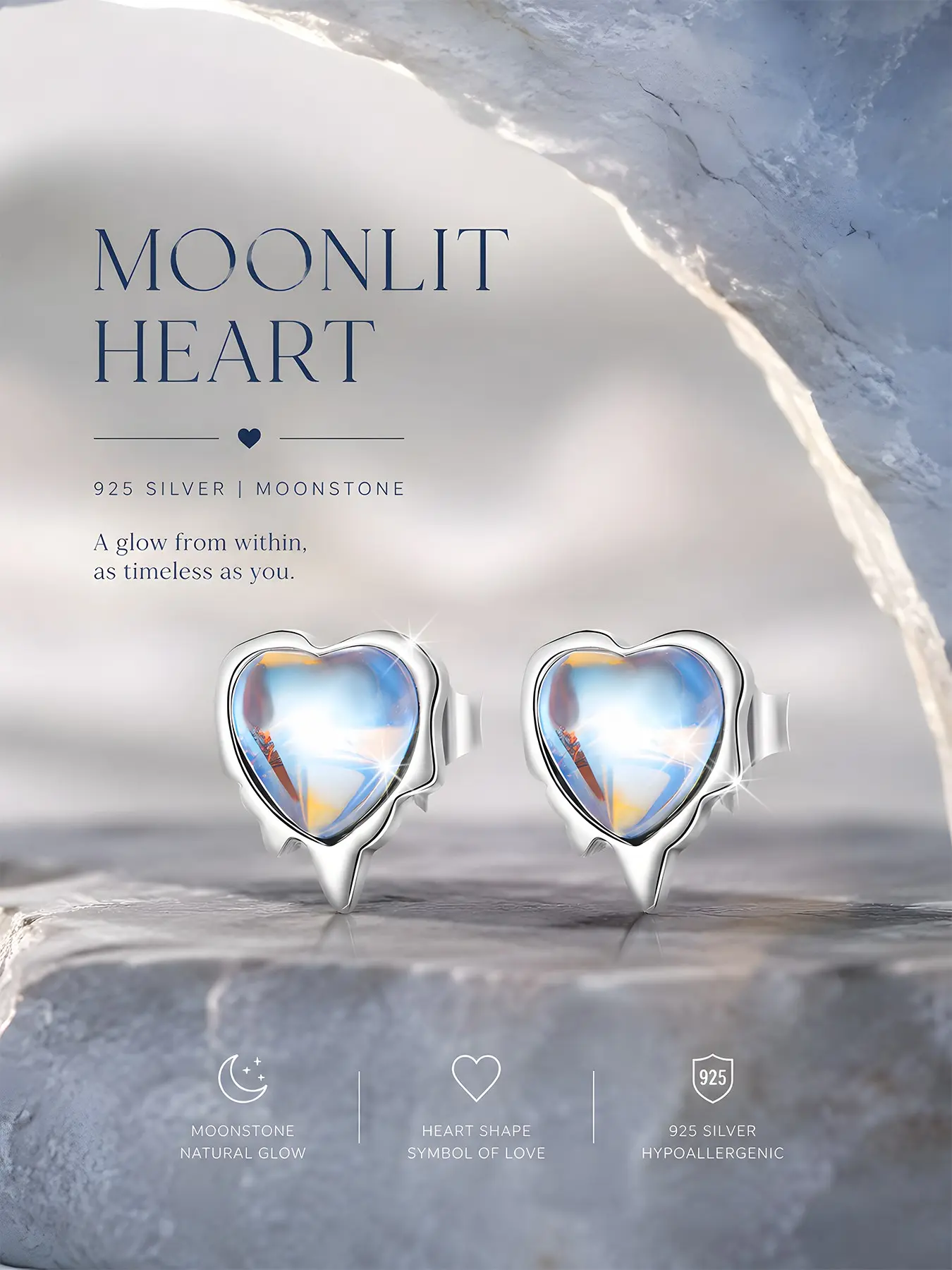 Women's S925 Sterling Silver Heart Shaped Moonstone Earrings, Nickel-Free Hypoallergenic Jewelry for Daily Wear, Perfect Gift for Friends, Stud Earrings, Ear Studs