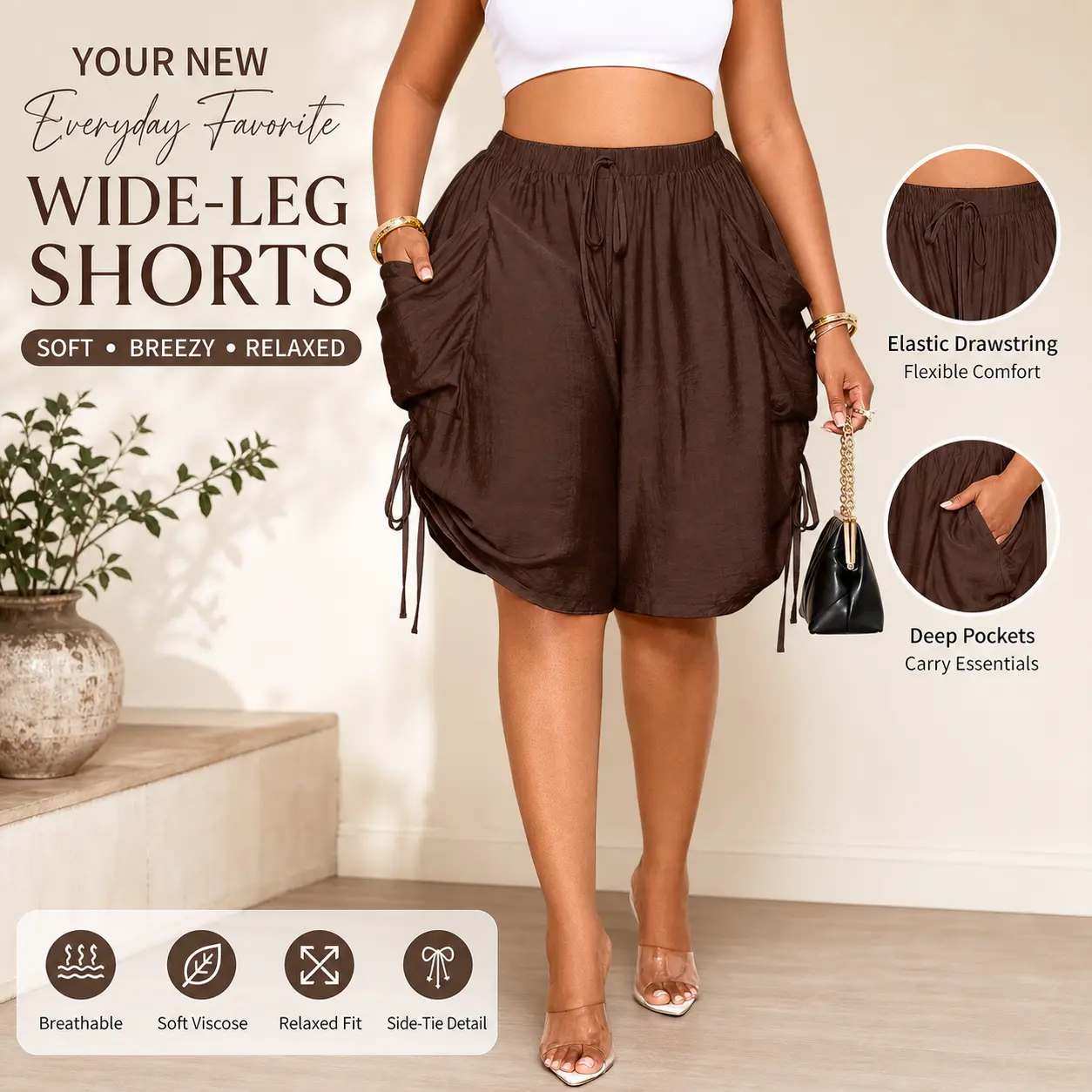 Women’s Casual Summer Shorts, High Waisted Loose Fit Drawstring Shorts with Side Pockets, Soft Viscose Linen Feel Lightweight Breathable Shorts for Women, Relaxed Beach Vacation Shorts, Comfy Everyday Lounge Shorts, Trendy Summer Streetwear Bottoms