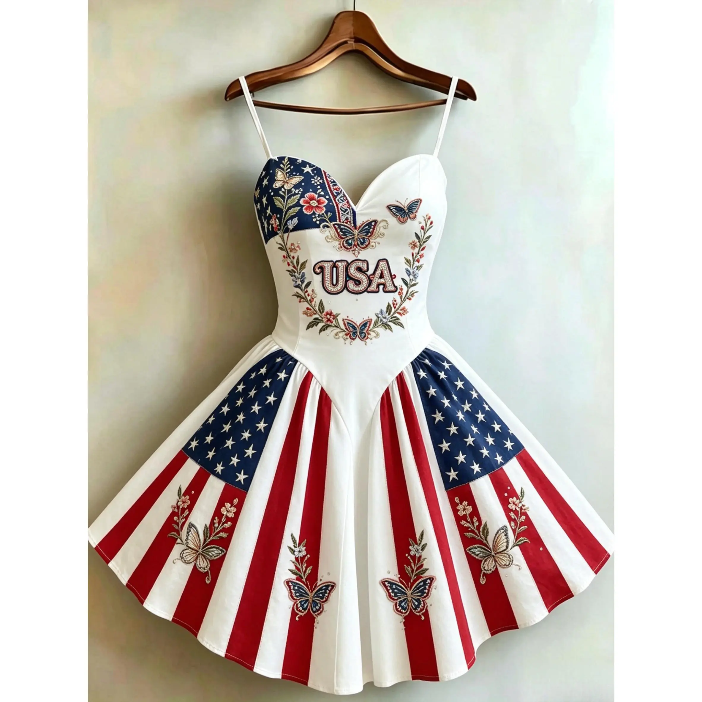 [New] American flag embroidered suspender skirt! USA butterfly flower print, waist and thin A-shaped tutu skirt, Independence Day fried field model