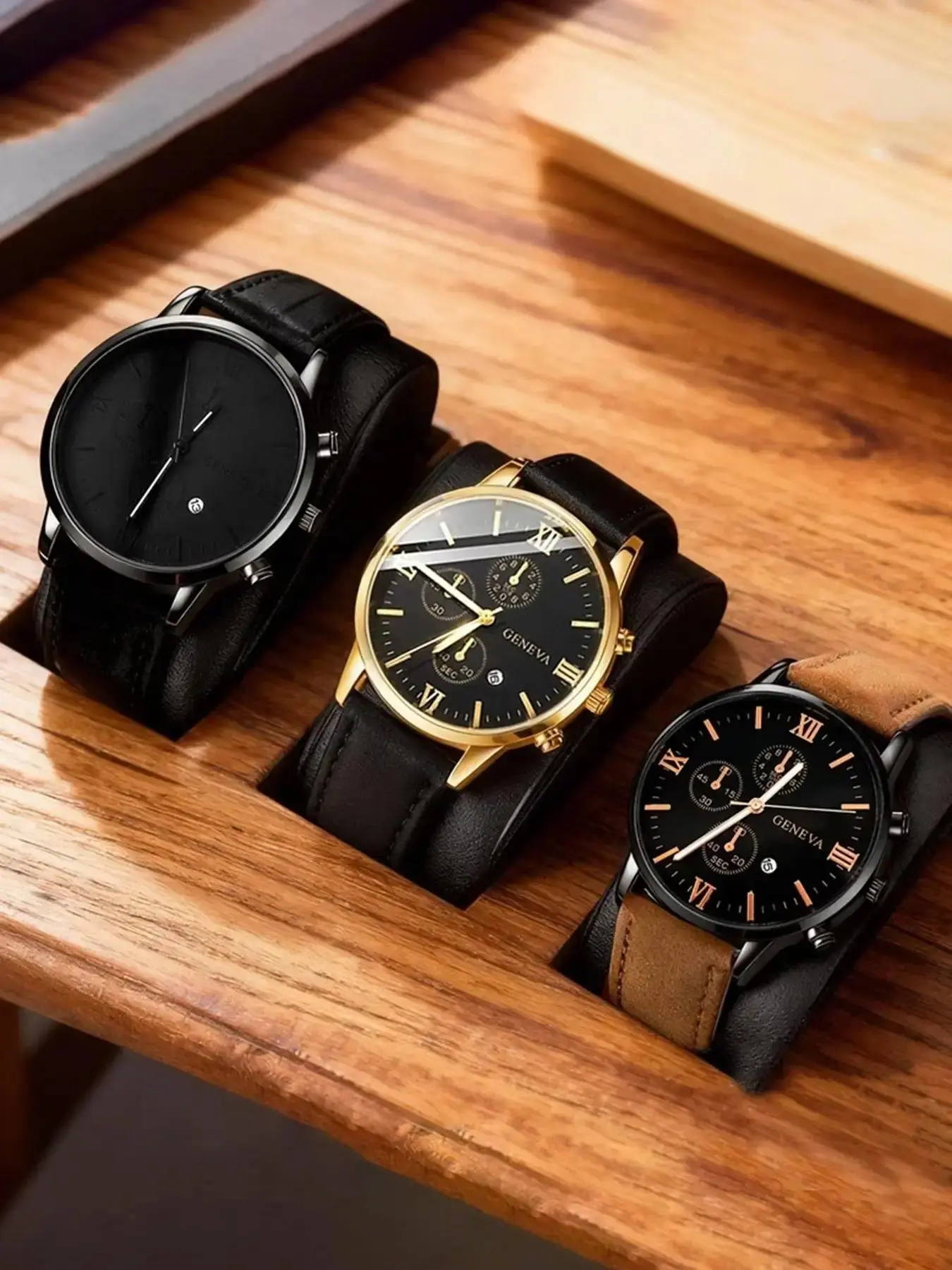 Men'S 3counts Casual Quartz Watch Set - Featuring a Minimalist Black Dial, Roman Numerals, Faux Leather Strap, Quartz Movement, Suitable for Everyday And Special Occasions - a Great Gift Choice for Birthdays, Graduations Fashion Watches