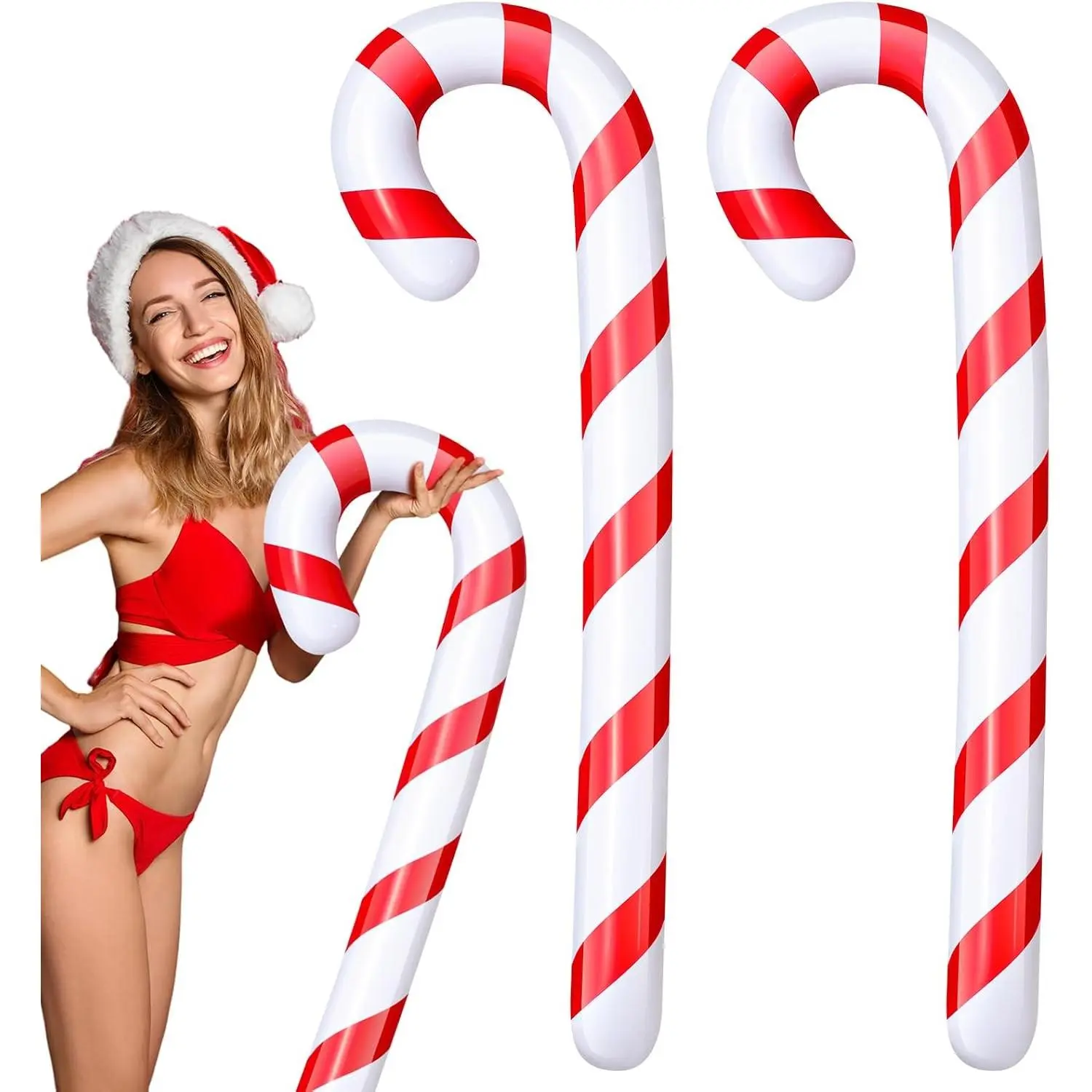 2 Pcs 5.5 ft Jumbo Size Large Volume Christmas in July Candy Cane Inflatable Pool Noodles, Swim Floats for Indoor Outdoor Swimming Pool (Red and White)