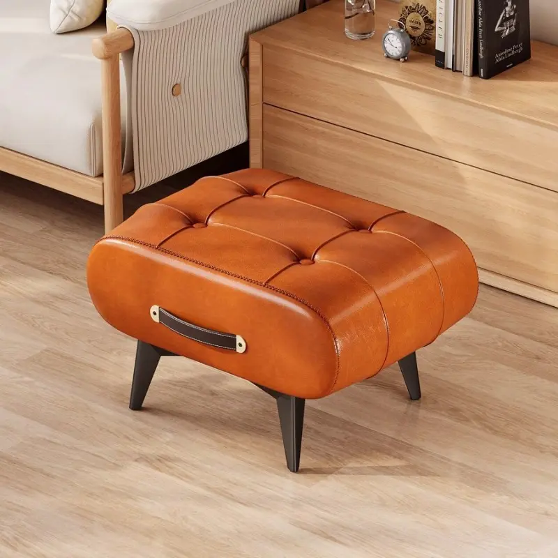 Smooth Faux Leather Portable Footrest Ottoman with Carry Handle, Multi-Purpose Low Padded Stool, Space Saving Accent Seat for Living Room Coffee Table, Entryway Shoe Changing, Bedroom & Small Apartment Decor, Footstool