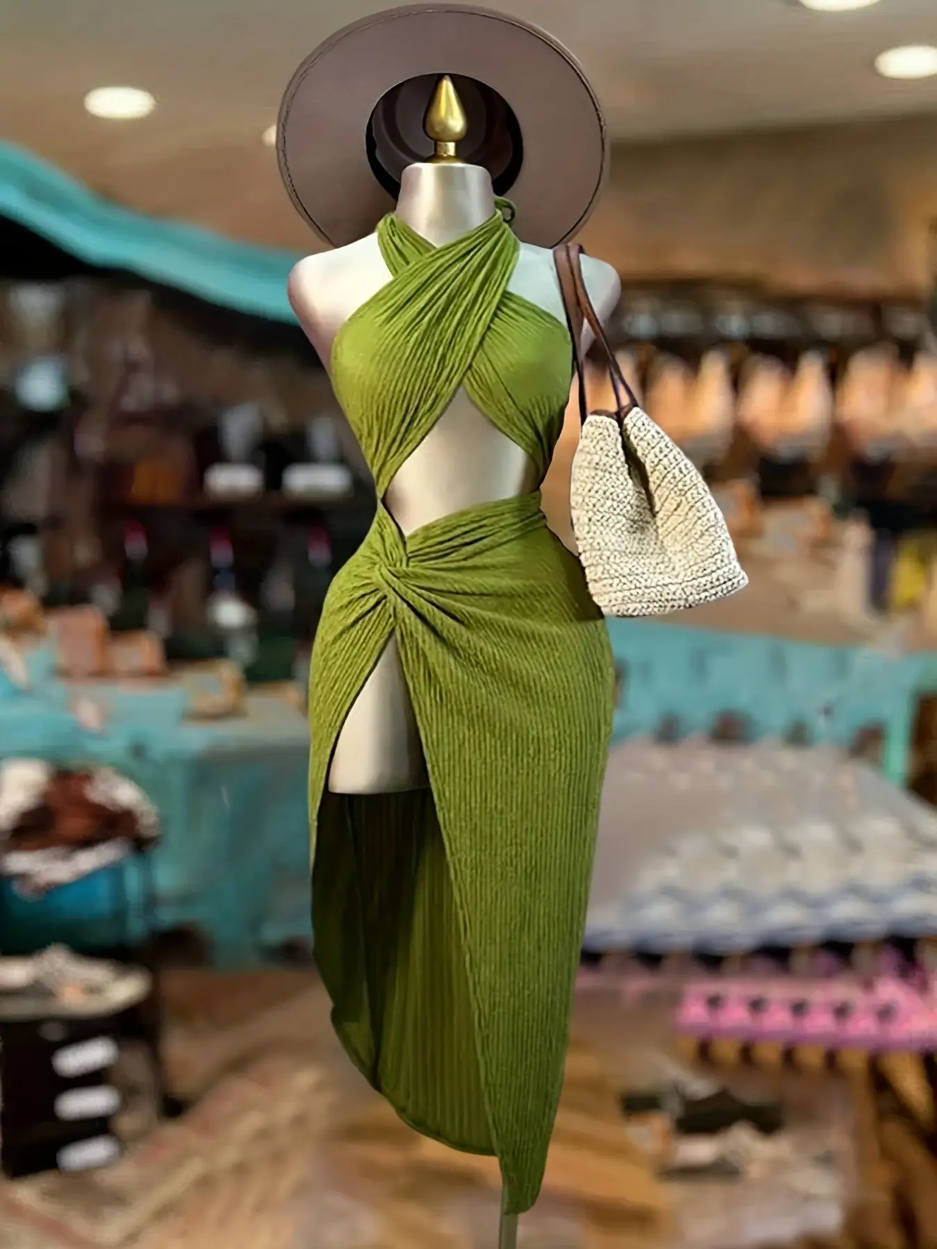 Women's Cross Halter Neck Cutout Twist Slit Midi Dress, Back Tie Open Back Slim Vacation Bodycon Dress
