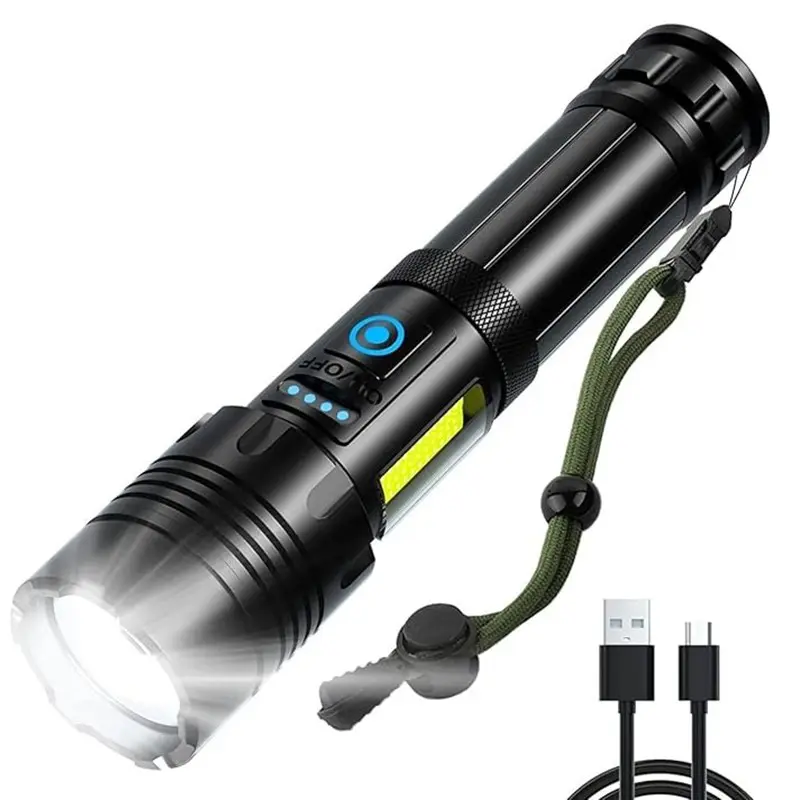 1PC Rechargeable LED Flashlight, Waterproof, Zoomable, 7 Mode with Side Work Light, Red Light Tactical Flashlight, High Powered  LED Flash Light for Home Camping Emergency
