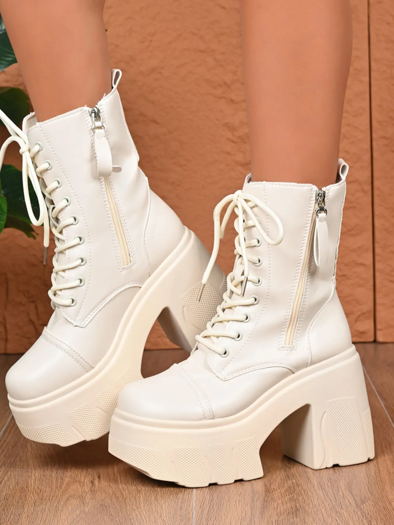 Sweet Cool Punk Style Women's Fashion Boots Chunky Heel High-Top Work Boots, Toothed Thick Sole Waterproof Platform Side Zipper Height-Increasing Boots