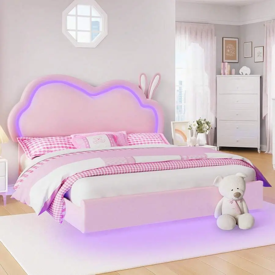 Upholstered Bed Frame with LED Lights - Cute Cloud Headboard for Girls, Sturdy Construction, Easy Assembly, No Box Spring Required