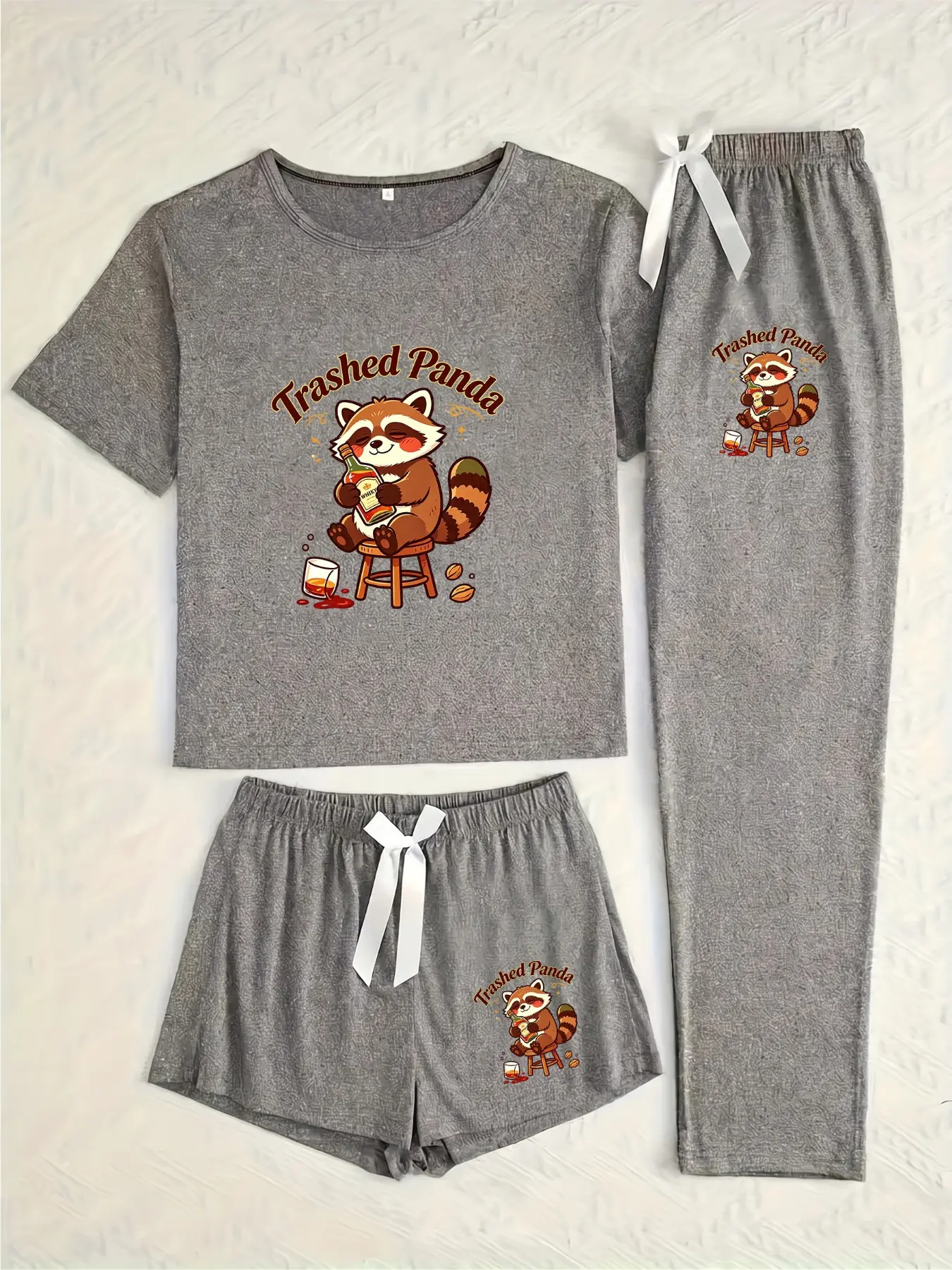 “trashed Panda” Women's Three-Piece Pajama Set, Cartoon Pattern, Loose-Fitting, Casual Style, All Seasons, Unlined, Plain Surface