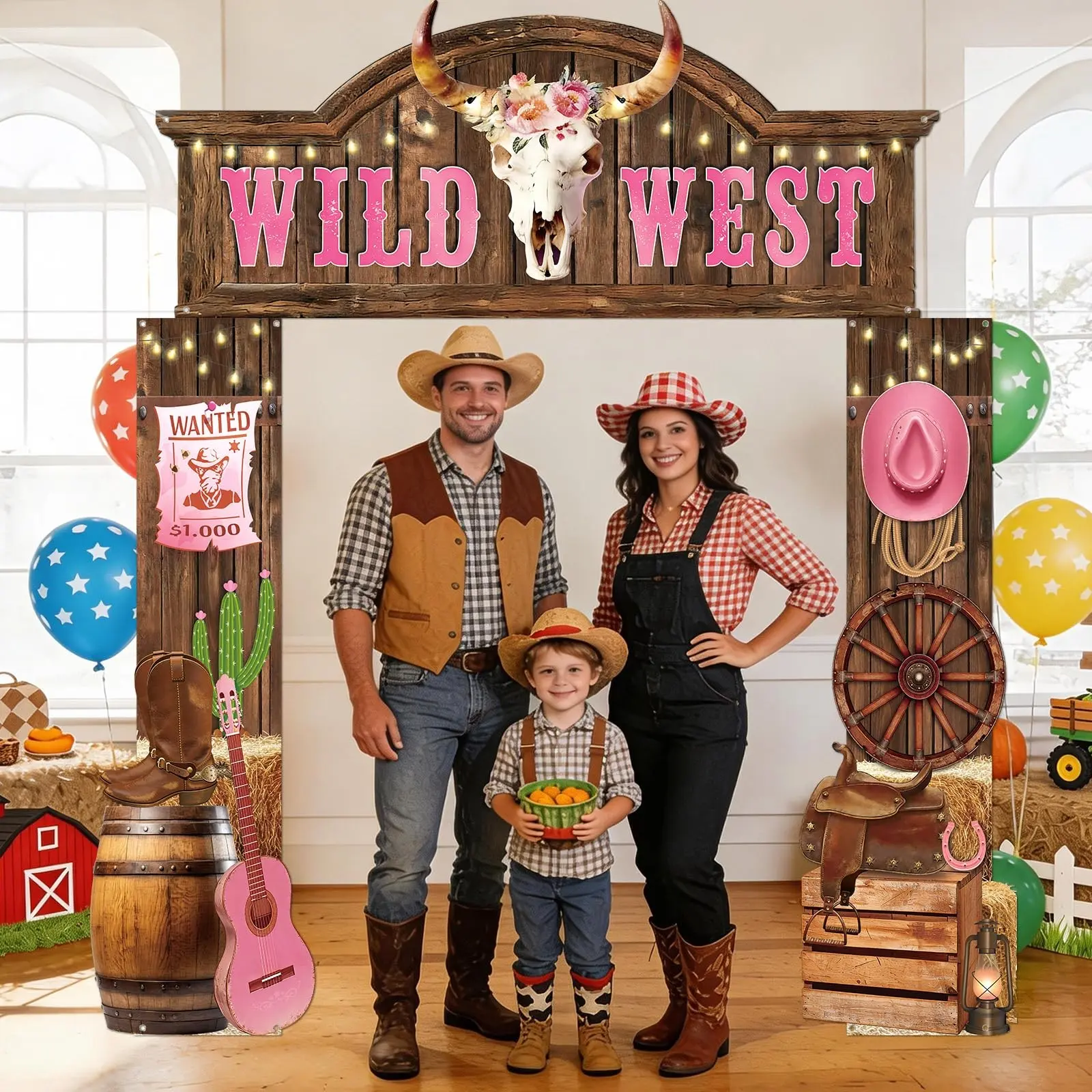 3-Piece Western Cowboy Party Door Decorations with Cowboy Banner, Western Theme Salon Backdrop, Rural Bar Photo Booth Props, Outdoor Porch Decor
