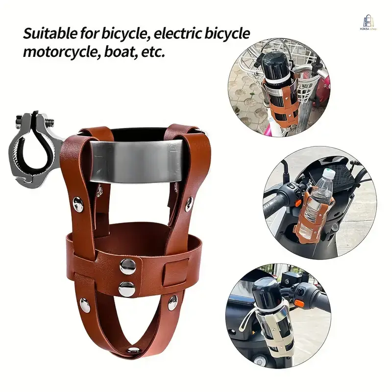 Universal Leather Bike Bottle Holder, Popular E-bike Handlebar Drink Mount, Adjustable Bubble Tea Coffee Cup Bracket, Flexible All-Size Rack for Mountain Bike & Electric Scooter, Outdoor Cycling Daily Commute Accessory