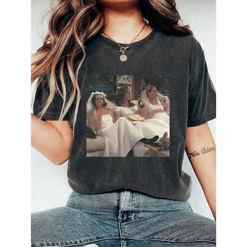 Women's Friends TV Show Inspired Short Sleeve T-Shirt - Soft Fabric Round Neck Top with Monica, Rachel, Phoebe Wedding Dress Character Print - Casual Daily All-Season Sports Top for Pop Culture Fans, Shortsleeve, Tshirt