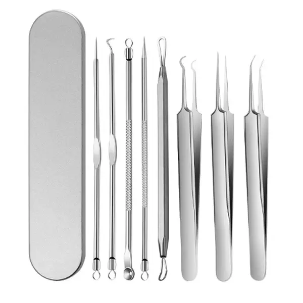 Women's 8-Piece Stainless Steel Beauty Care Kit, Multi-Pack Blackhead Remover, Pimple Popper Tweezers, Precise-Tip Ingrown Hair Extractor Clip for Nose, Eye, Face Acne Care