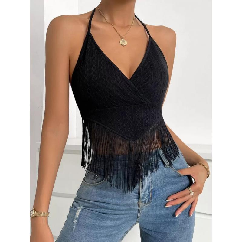 Backless Fringe Hem Halter Top, Women's Fringe Top, V-neck Slimming - Country Music Festival Outfit, Fringe Hem Bohemian Rodeo Vest, Casual sleeveless top with fringe trim, perfect for summer festivals.