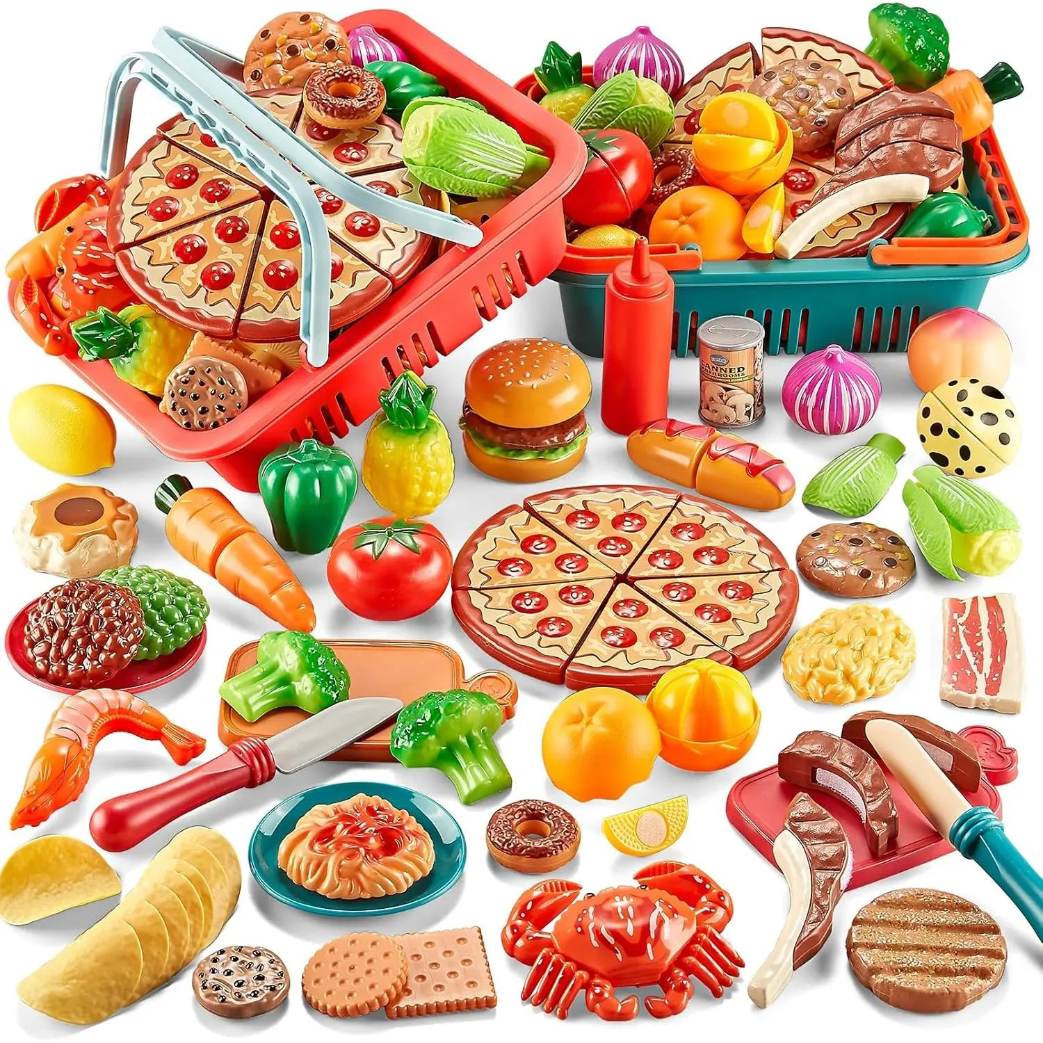 Play Food Sets for Kids Kitchen-80PC Pretend Food with 2 Kids Picnic Basket, Toy Food with Pizza Toy, Plastic Food Cutting Toys, Play Kitchen Accessories - Fake Food, Boys Girls Toddlers Giftsfidget toys