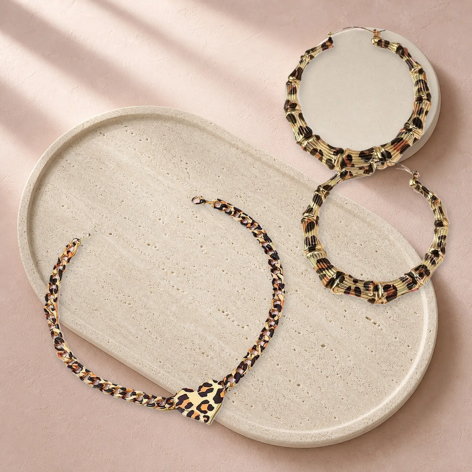 Women's Leopard Print Costume Jewelry Set - 2-Piece Statement Set with Heart Choker Necklace, Oversized Bamboo Hoop Earrings, or Individual Pieces