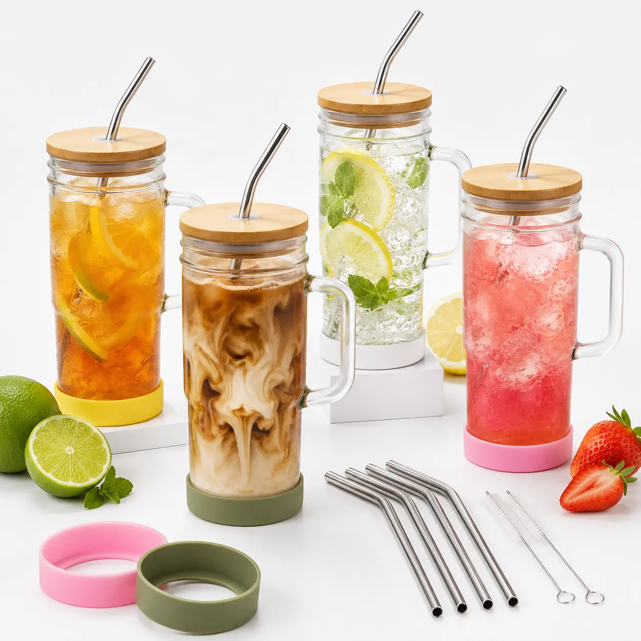 Stylish 4-Pack 24oz Glass Mason Jar Tumbler Set with Handles, Bamboo Lids & Straws, Reusable Drink Cups for Iced Coffee & Everyday Use, Silicone
