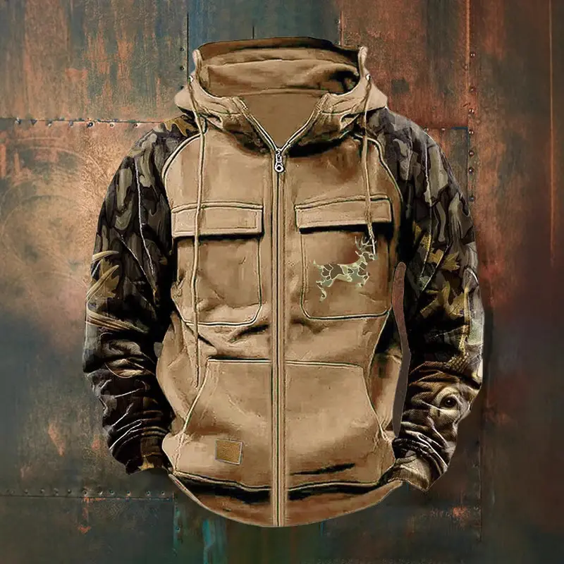 Men's Outdoor Hunting Full-Zip Hooded Sweatshirt Jacket - Menswear Tops, Digital Camo Long Raglan Sleeves, Olive Green With Deer Print, Dual Chest Cargo Pockets, Drawstring Hood For Camping Fishing, Long Sleeve, Camouflage Streetwear, Dual Pockets