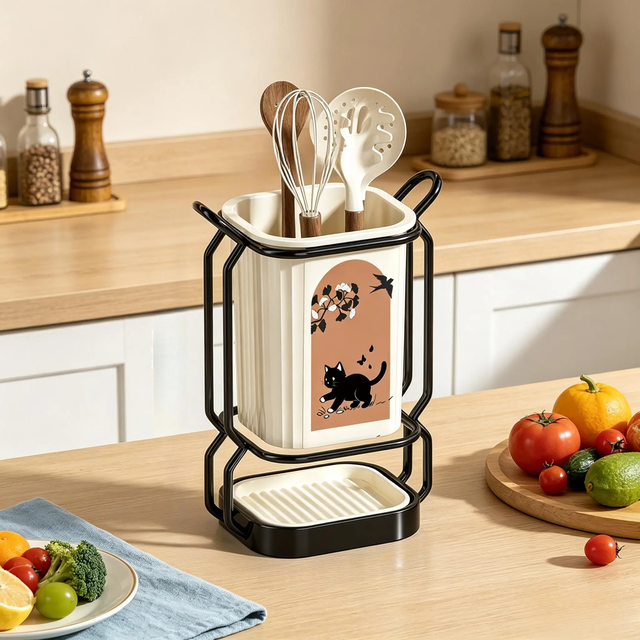 Two-In-One Countertop Chopstick Holder, Cute Pattern Drainable Cutlery Organizer, Kitchen Cooking Utensil Storage Rack