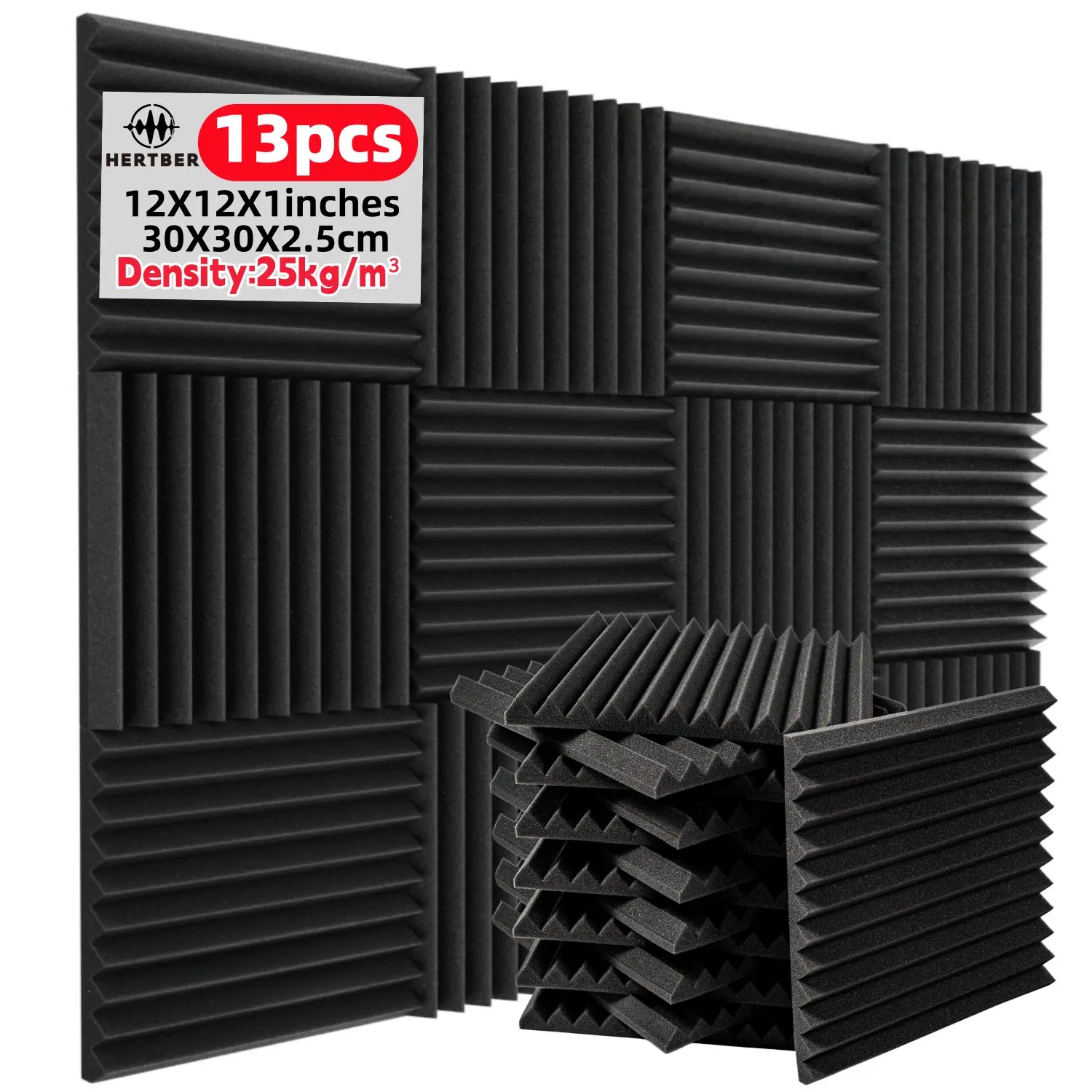 13Pcs Black Acoustic Foam Panels 30×30×2.5cm Sound Insulation Panels for Recording Studio Live Stream Room Home Theater Drum Room Music Studio, Splicable Wall Decor to Reduce Sound Reflection