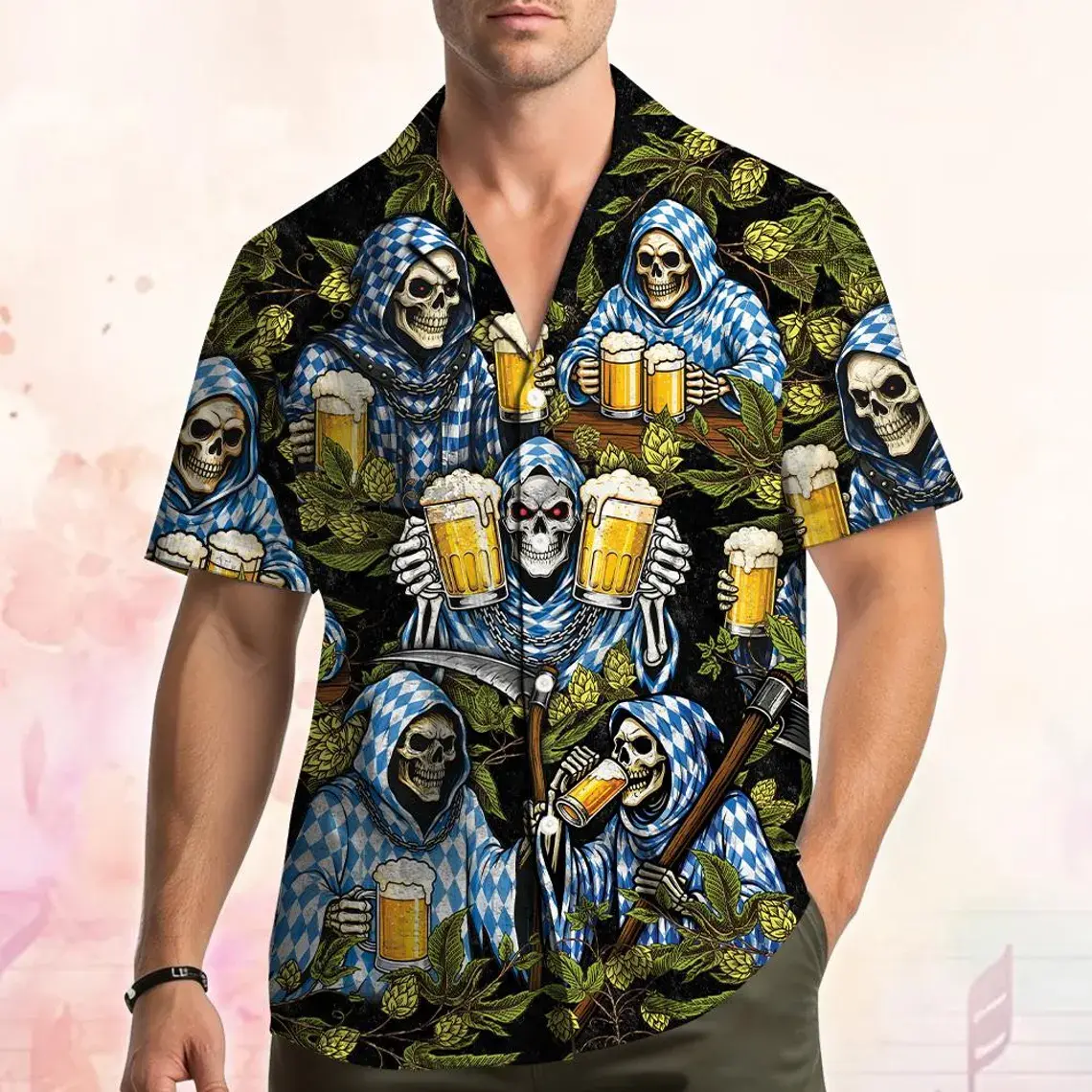 Women's Short-Sleeve Stretch Simple Garment Hawaiian Shirt - Unisex German Beer Funny Skeleton Dirndl Button-Up Top, Oktoberfest Gift, Tropical Cruise Party Wear