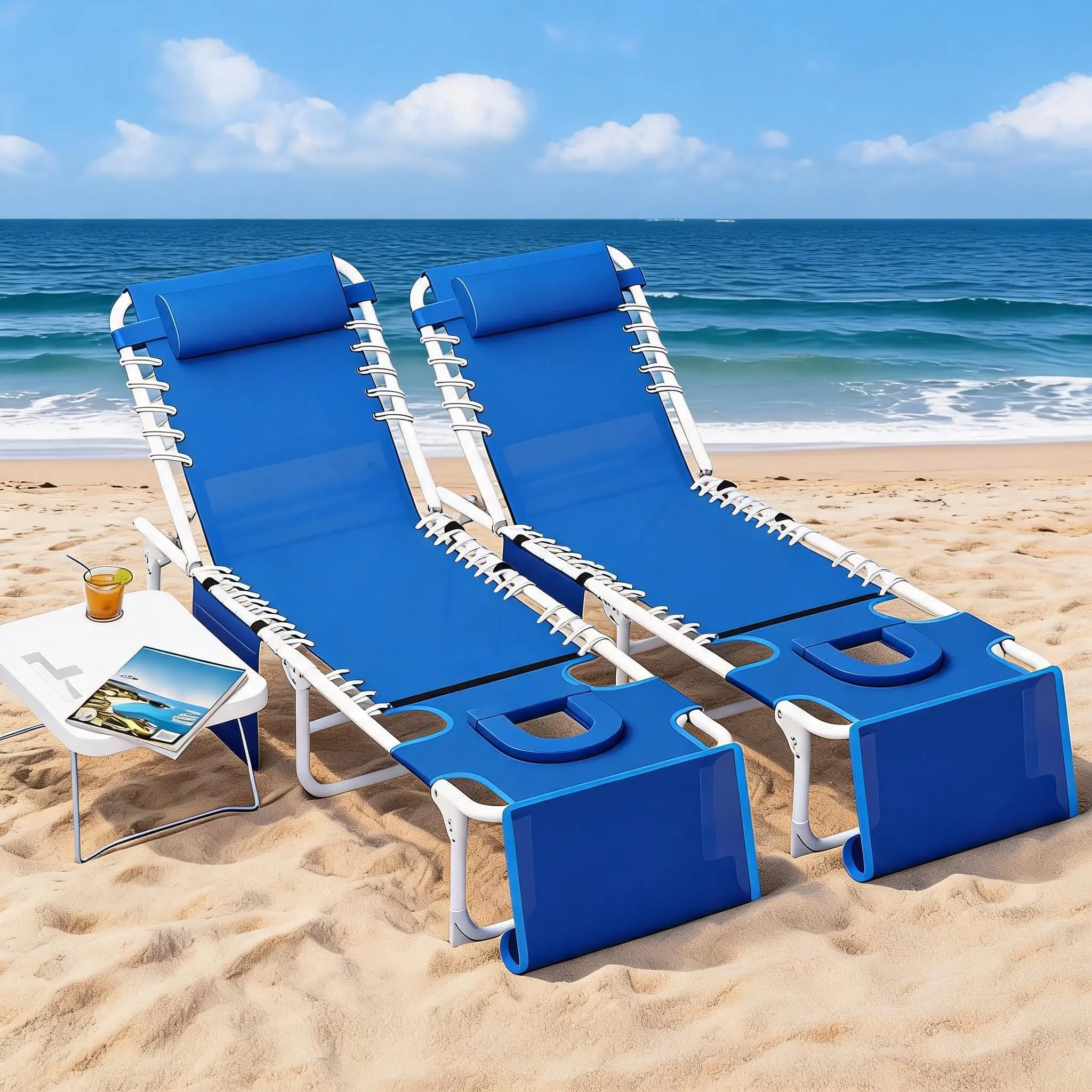 Garvee 2-Pack Folding Chaise Lounge Chairs with Face Hole - Adjustable Reclining Sun Loungers, Detachable Side Table, Removable Pillow, Heavy-Duty Textilene, 330 lb Capacity Each - Blue