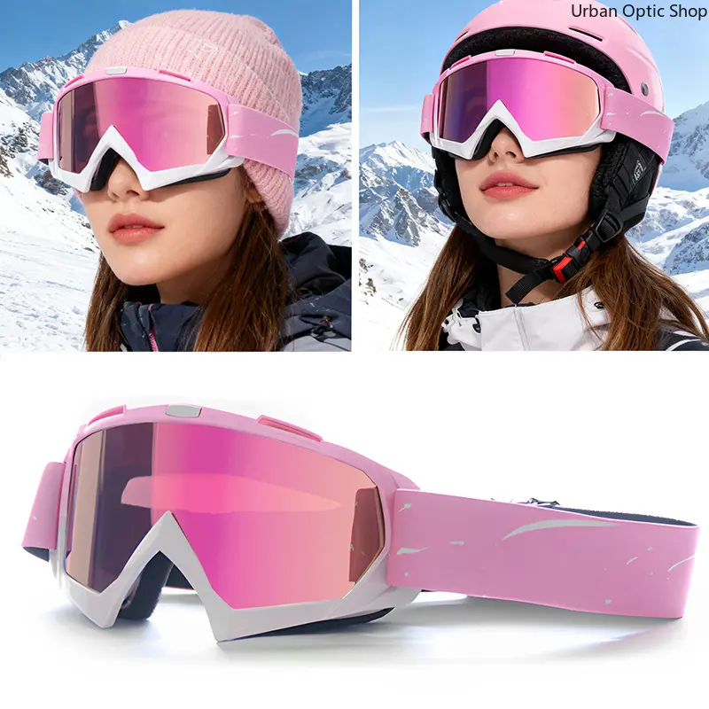 XUH Women Pink Ski Goggles, Windproof Motorcycle Sunglasses, UV‑Protective Winter Snowboard Ski Glasses for Skiing Cycling Racing Off‑Road Outdoor Sports