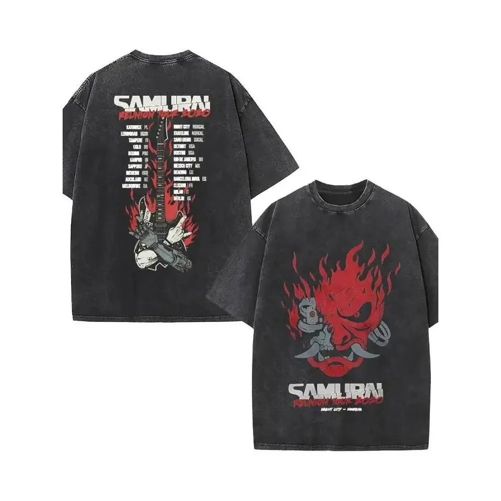 [BT] Cyberpunk Samurai Reunion Tour 2020 Vintage Washed Double Sided Oversized Rock Band Streetwear T-Shirt, Cyberpunk 2077 Phantom Liberty Vintage Washed Tee, Retro Futuristic Metal Streetwear, Unisex video Game Graphic clothes , Ideal Fan Gift, Casual F