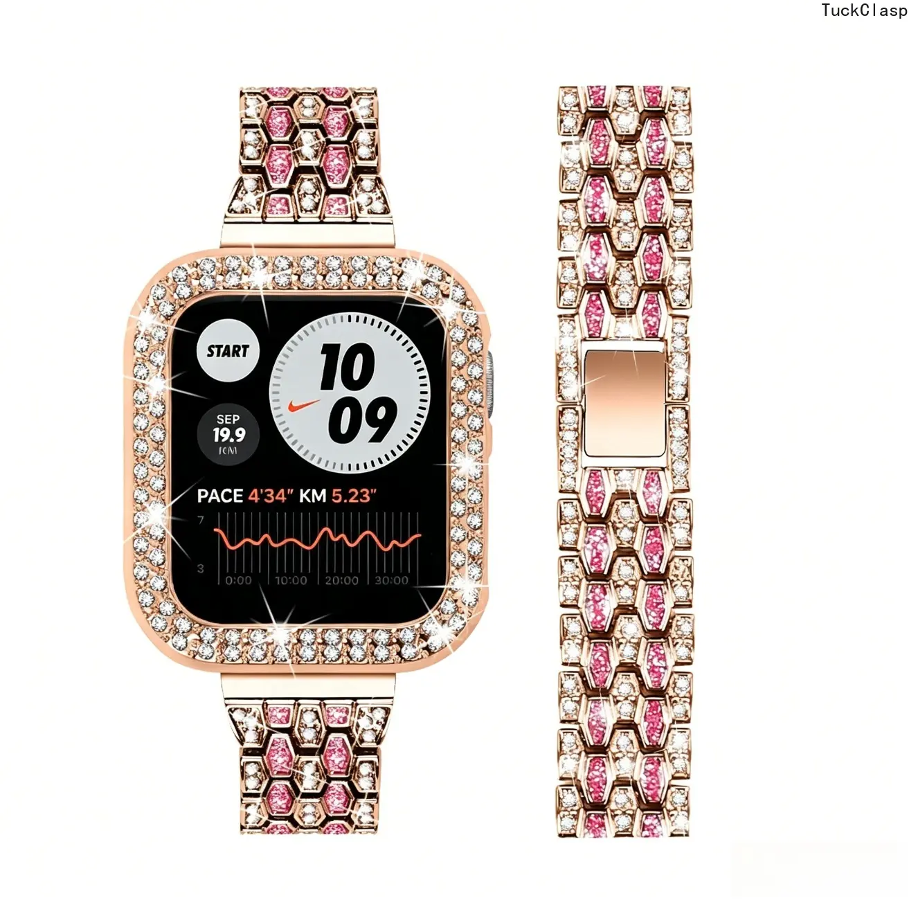 2 In 1 Set: Five Link Triple Row Rhinestone Metal Watch Band + Protective Case, Bling Combo Compatible With Apple Watch Series & Ultra, 38/40/41/42/44/45/49mm Multi Sizes(Watch Not Included)