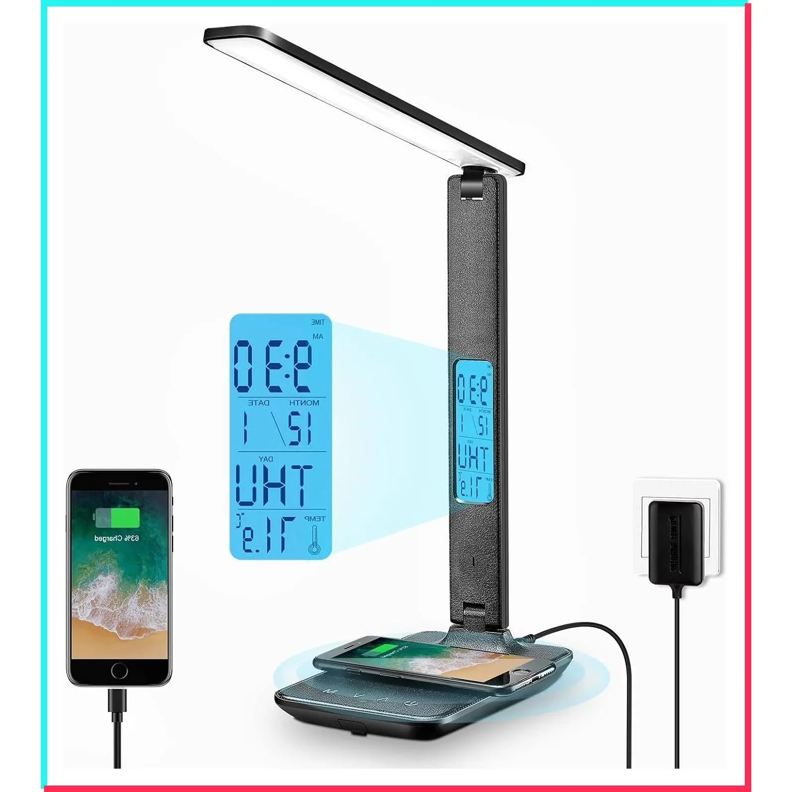 Desk Lamp with Wireless Charger: USB Charging Port, Table Lamp with Clock, Desk Lamps for Home Office College Dorm Room Essentials