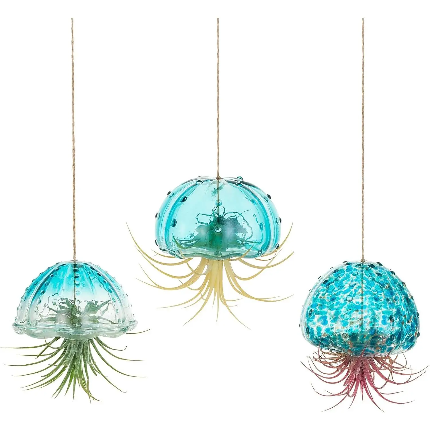 Glass Jellyfish Decor, 3 count  Air  Holders with Jute | Tillandsia Houseplants Display,  Blue Air  Hanger, Indoor  Wall Window Decoration, Handblown, Cute Gifts