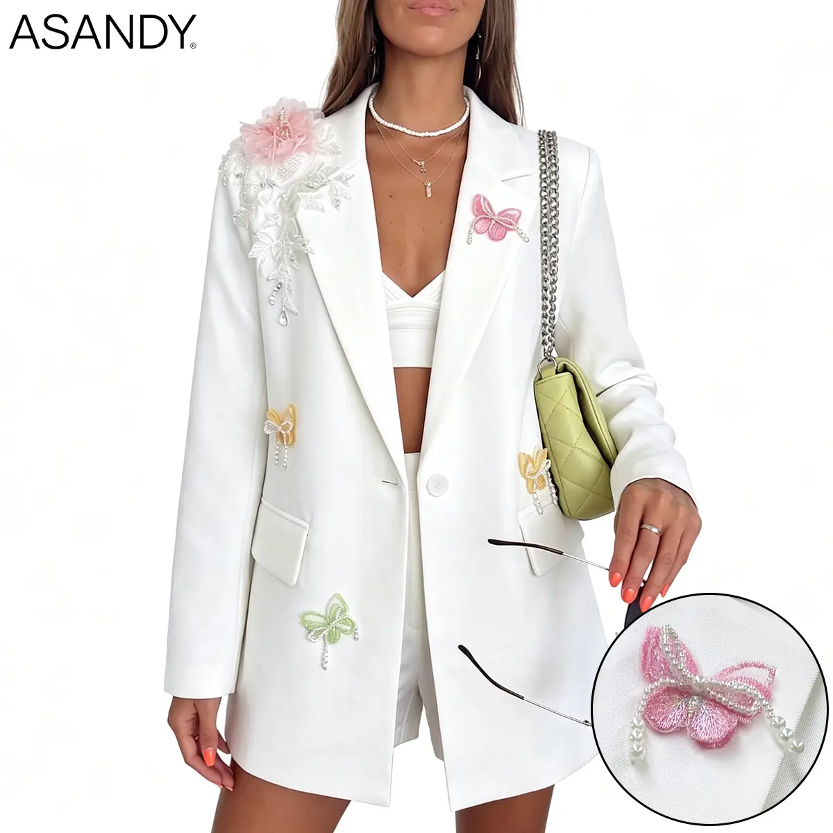 Romantic 3D Floral Butterfly Beaded Blazer, Notched Lapel Single Button White Longline Blazer, Elegant Brunch Wedding Guest Outerwear