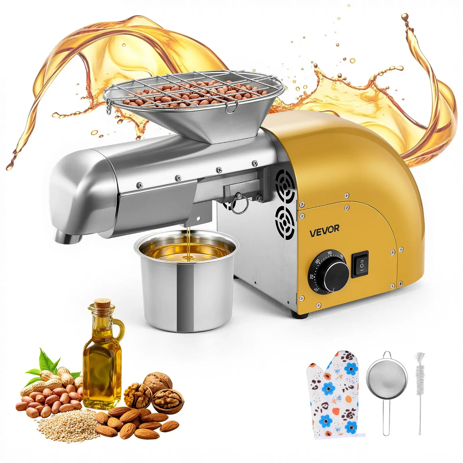 VEVOR Oil Press Machine, 11 LBS/H Capacity, 1250W Oil Extractor Machine, Automatic Electric Oil Maker for Home Commercial Use, 122℉–572℉ Hot & Cold Pressing for Peanuts Sesames Soybeans Almonds