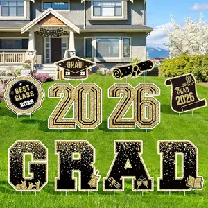 2026 Graduation Yard Signs – 10PCS Black and Gold Congrats Grad Lawn Decor with Stakes, Outdoor Graduation Party Supplies for High School & College