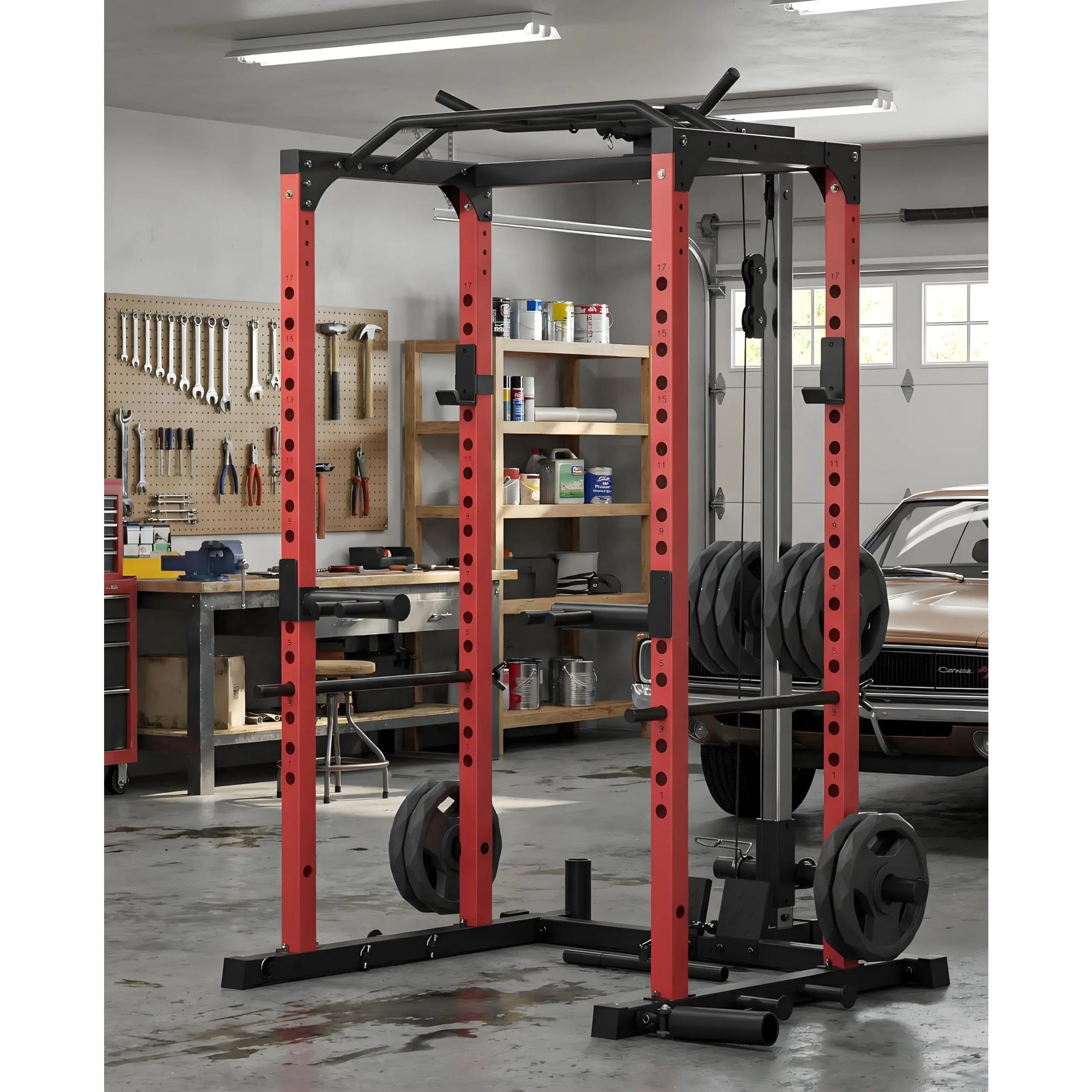Power Cage for Home Gym, 1200LB Heavy Duty Squat Rack with Optional Pulley System, Dip Handles and Versatile Training Attachments for Full Body Workouts