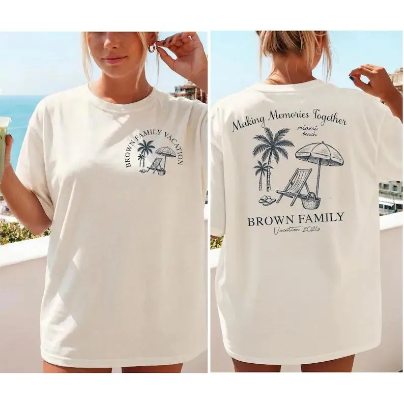 100% Cotton Oversized Casual T-Shirt, Custom Family Vacation Front Back Palm Beach Sketch Graphic Tee Personalized Miami Beach Travel Matching Short Sleeve Top Trendy Summer Holiday Memory Gift For Family Group Trip Streetwear Men Women