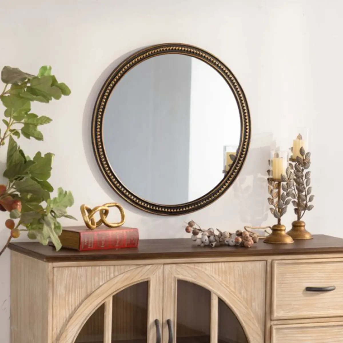 Round Gold Beaded Wall Mirror 23.62x0.63x23.62 Inch Slim 1.6cm Frame Distortion-Free Clear Glass Minimalist Modern Decor Mirror for Bedroom Bathroom Entryway Living Room