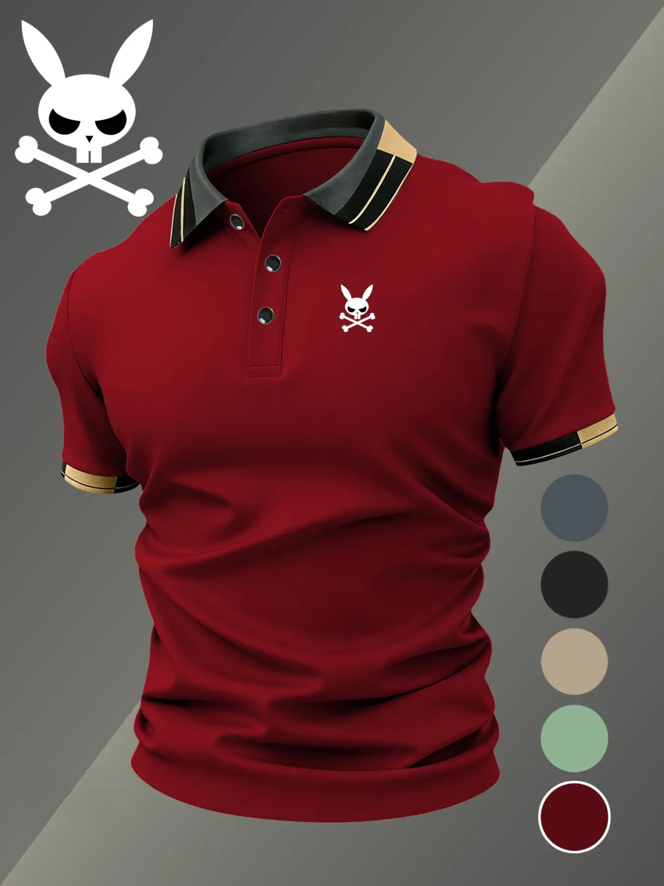Men's Skull Rabbit Print Polo Shirt, Fitted Casual Style, Breathable and Comfortable, All Seasons Wear, High-Quality Enduring Design