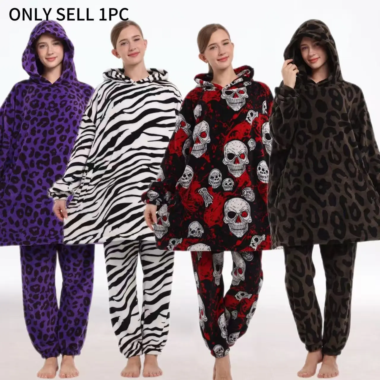 Autumn Winter Soft Coral Fleece Printed Pajama Set, Extra Large Hooded Top with Pockets, Elastic Waist Long Pants, Couples' Sleepwear