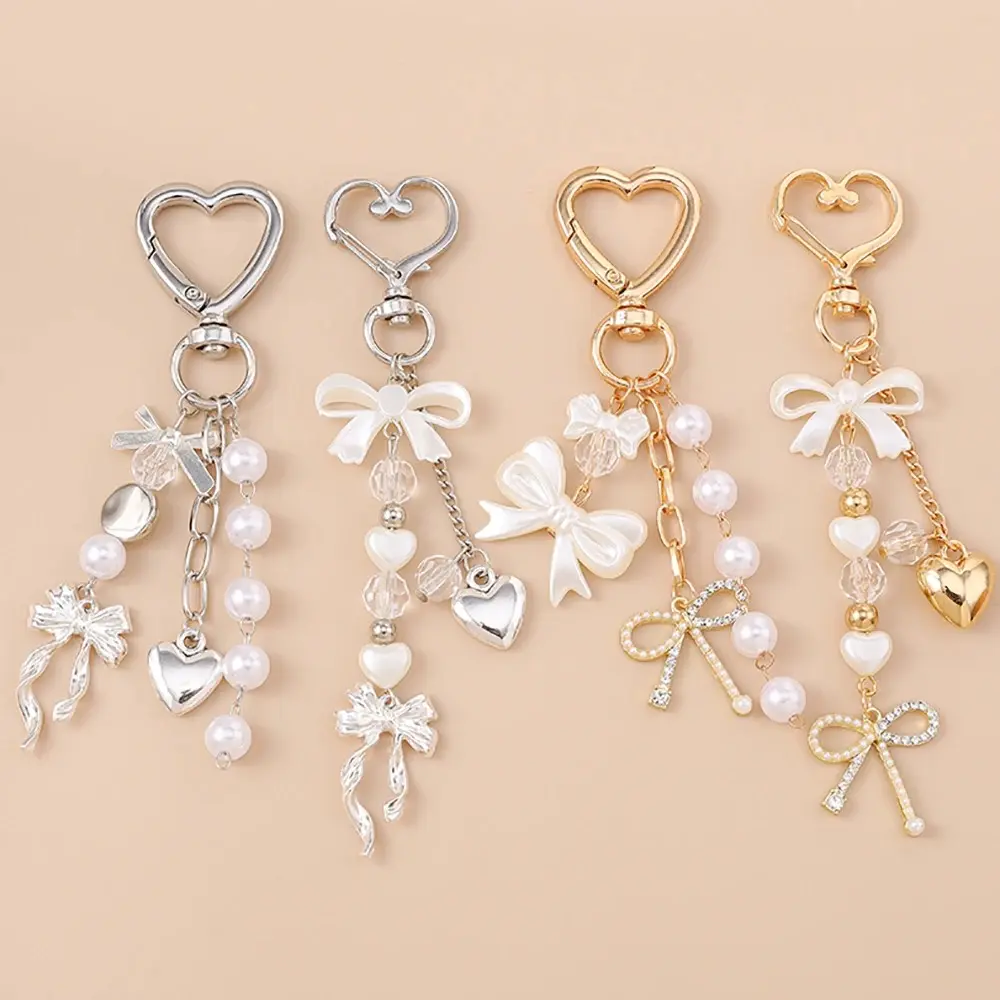 Coquette Bow Keychain, Faux Pearl and Crystal Bag Charms, Aesthetic Purse Accessories for Women with Split Ring, Girly Accessories, Cute, Inside Purse Accessories